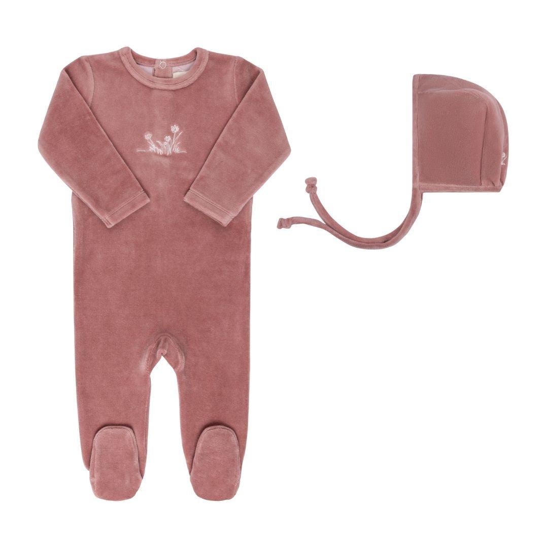 Elys & Co Velour Embroidered Flowers Footie & Bonnet