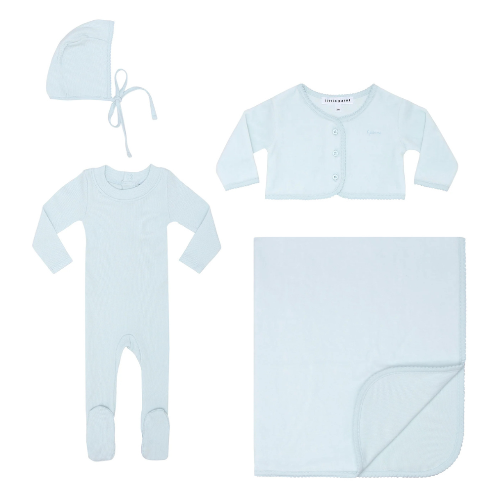 Little Parni Footie, Bonnet & Cardigan Layette Set - Light Blue