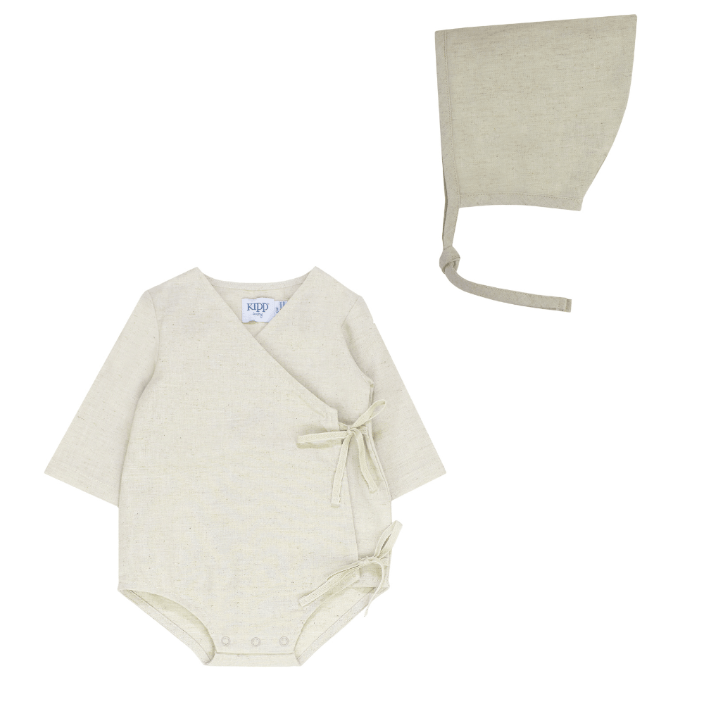 Kipp Linen Wrap romper & bonnet