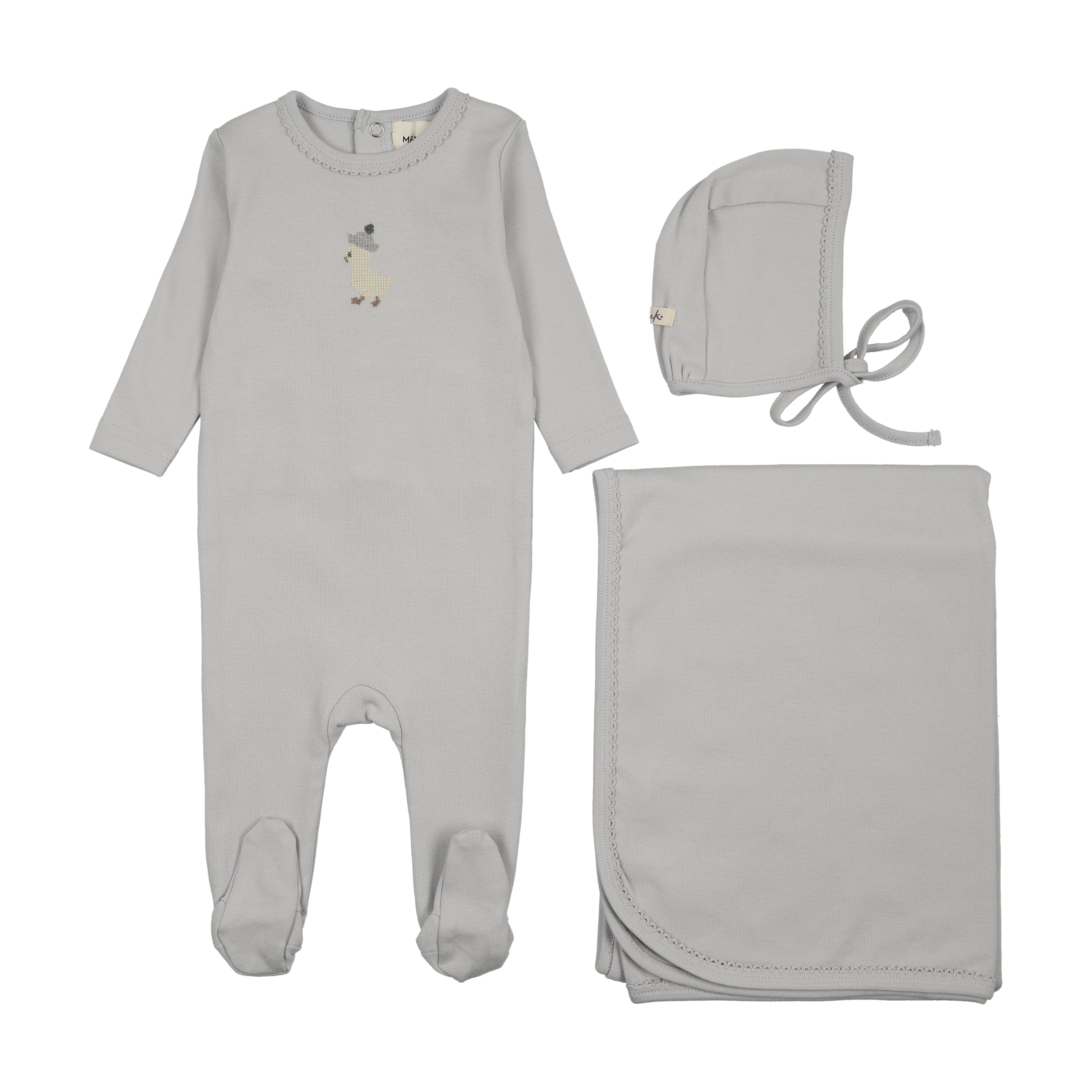 Mema Knits Embroidered Layette Set - Gray Dawn/Yellow Duck