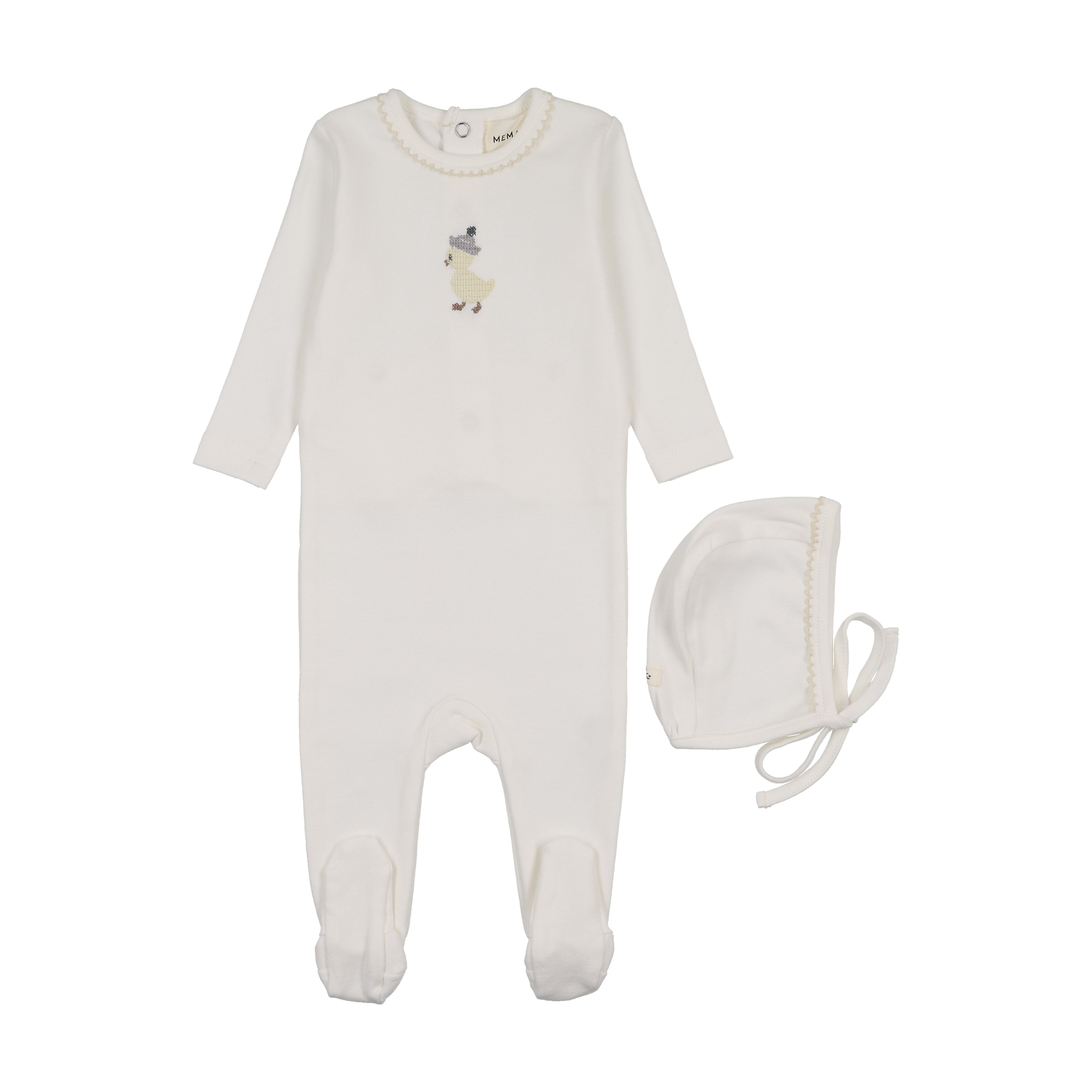 Mema Knits Embroidered Footie & Bonnet - WW/Yellow Duck