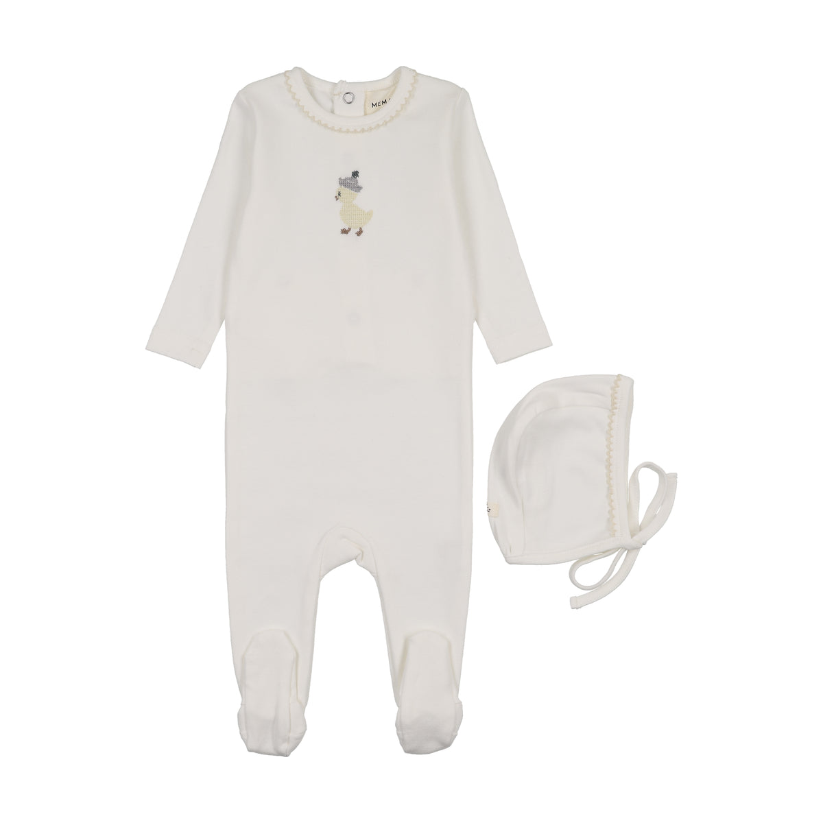 Mema Knits Embroidered Footie & Bonnet - WW/Yellow Duck