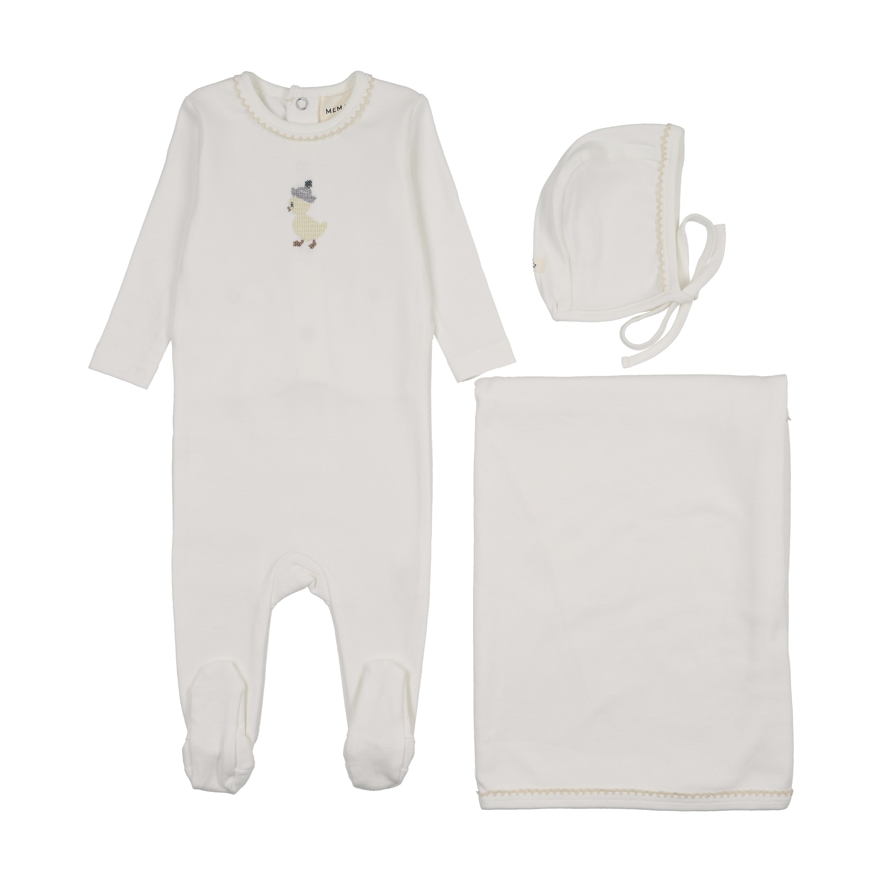 Mema Knits Embroidered Layette Set - WW/Yellow Duck