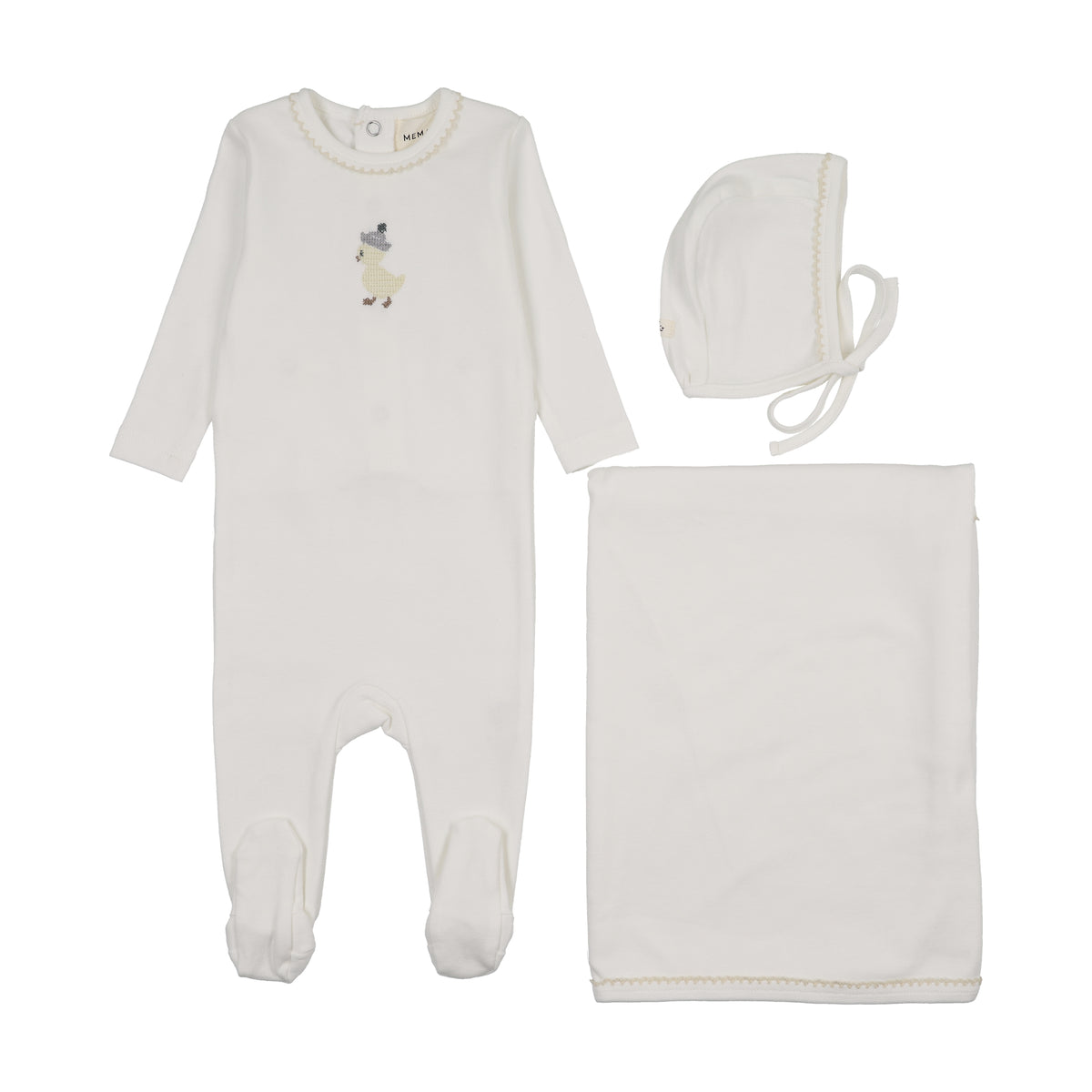 Mema Knits Embroidered Layette Set - WW/Yellow Duck