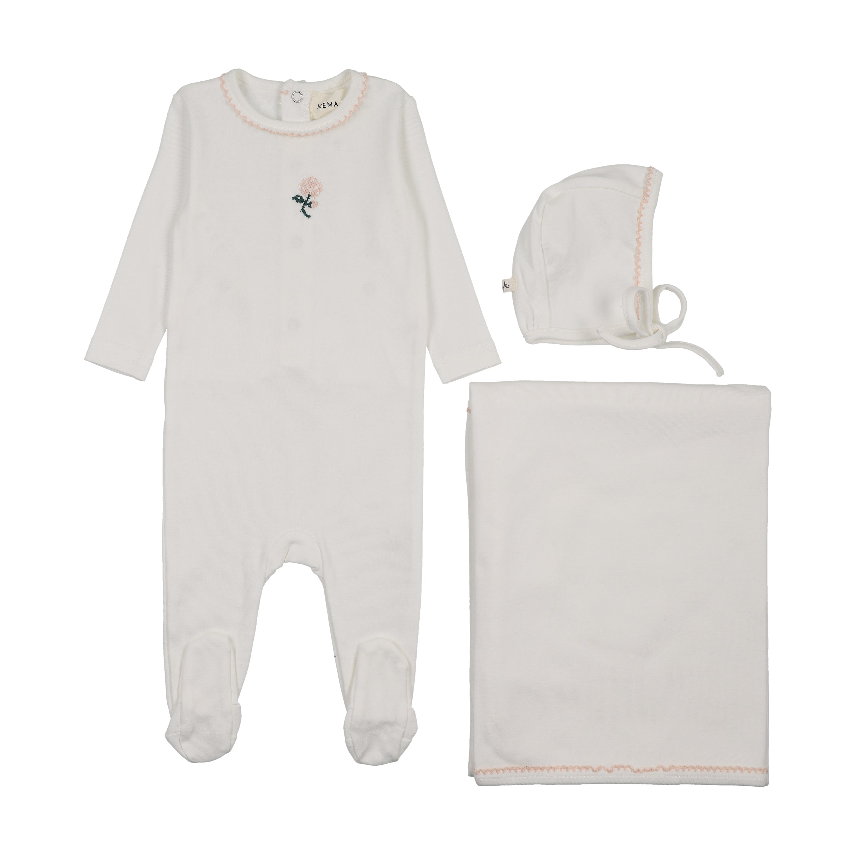 Mema Knits Embroidered Layette Set - WW/Pink Flower