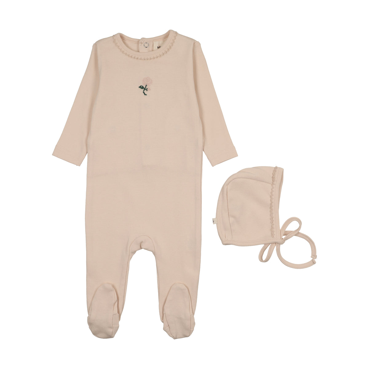 Mema Knits Embroidered Footie - Light Pink/Pale Pink Flower