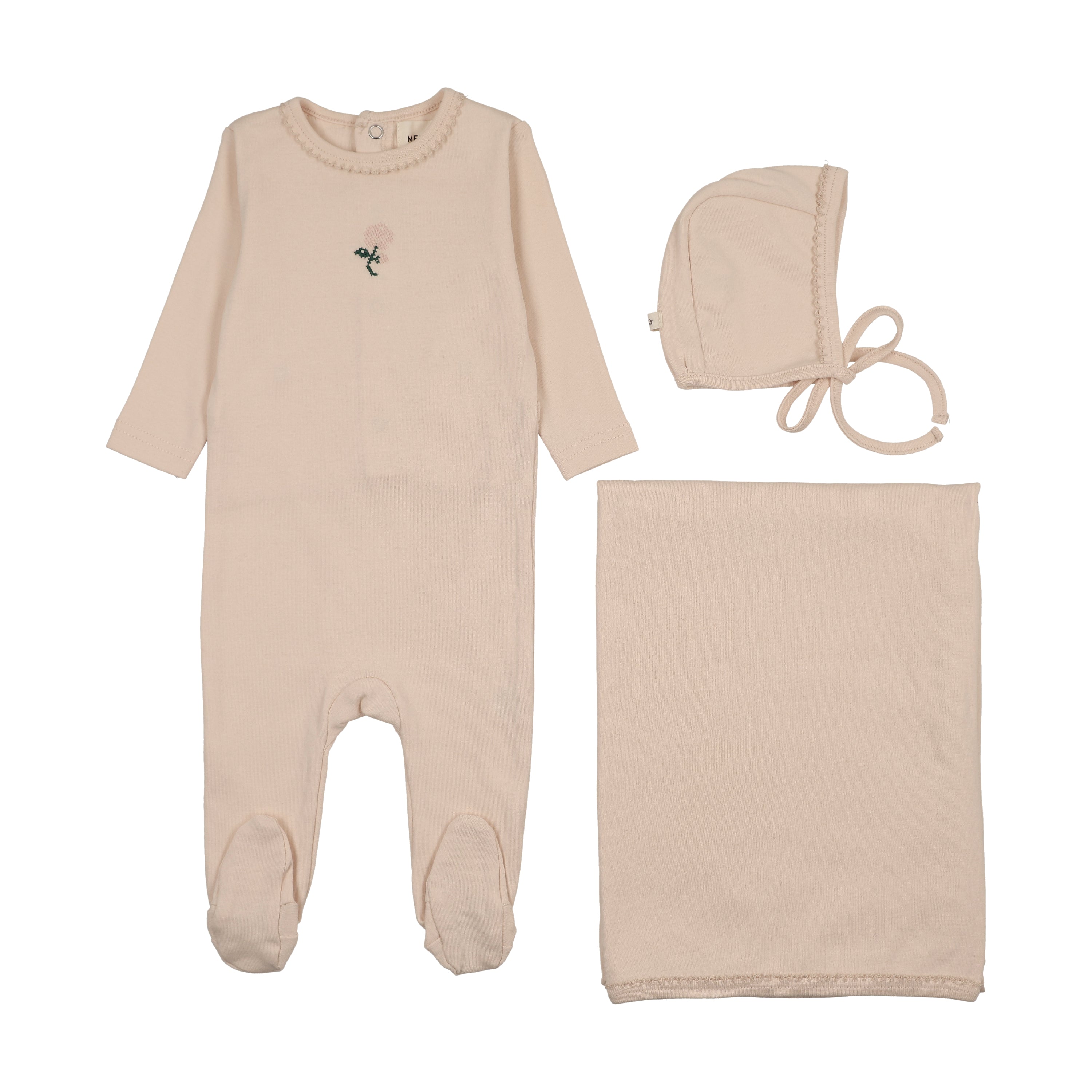 Mema Knits Embroidered Layette Set - Light Pink/Pale Pink Flower