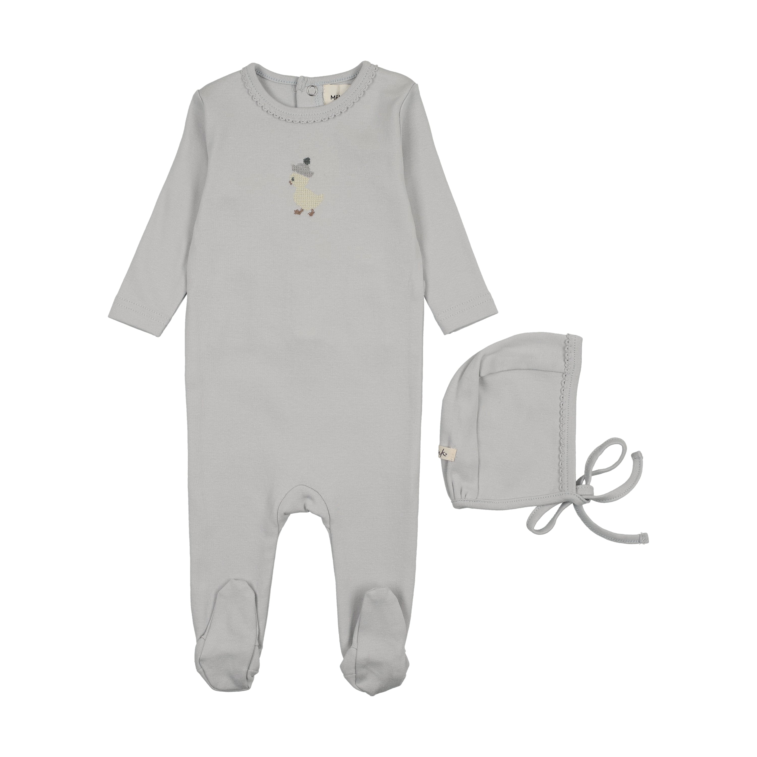 Mema Knits Embroidered Footie & Bonnet - Gray Dawn/Yellow Duck