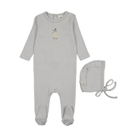 Mema Knits Embroidered Footie & Bonnet - Gray Dawn/Yellow Duck