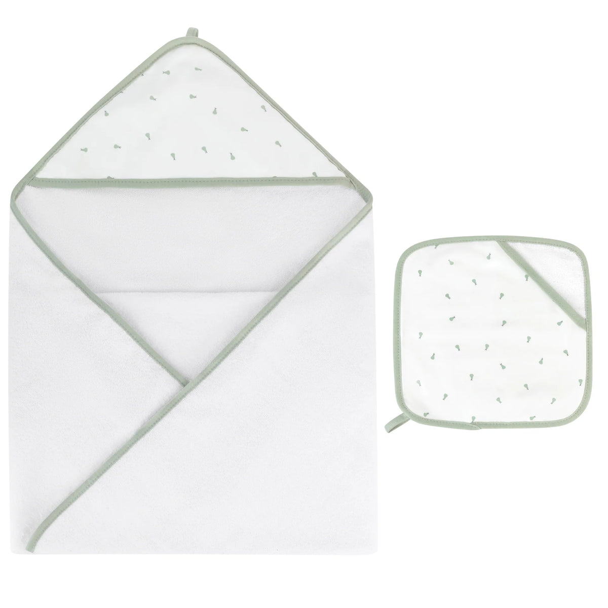 Elys & Co Printed Hooded Towel and Washcloth Set - Sage Pear