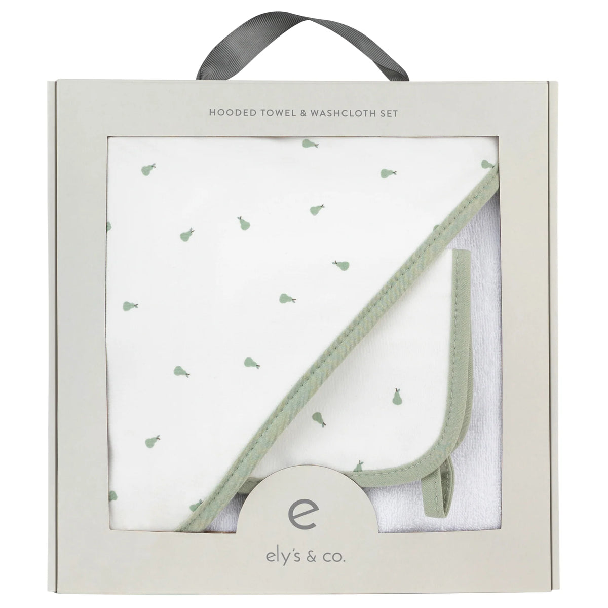 Elys & Co Printed Hooded Towel and Washcloth Set - Sage Pear
