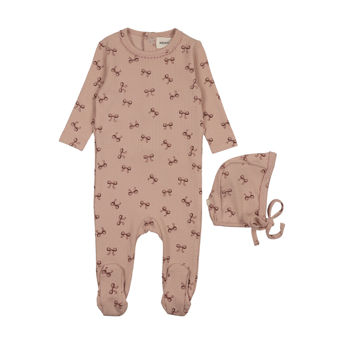 Mema Knits Bow Print Pointelle Footie & Bonnet - Pink