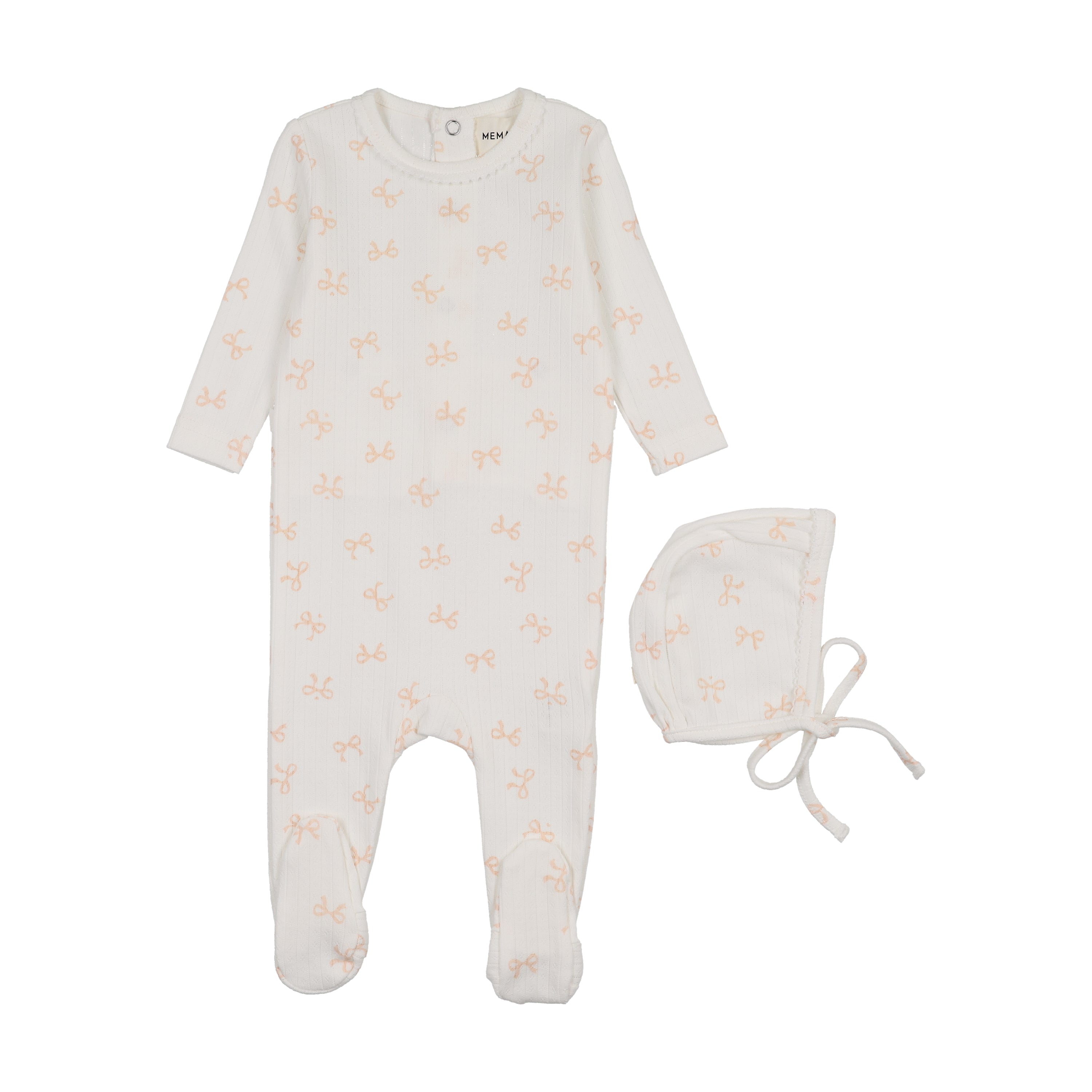 Mema Knits Bow Print Pointelle Footie & Bonnet - WW/Rose smoke