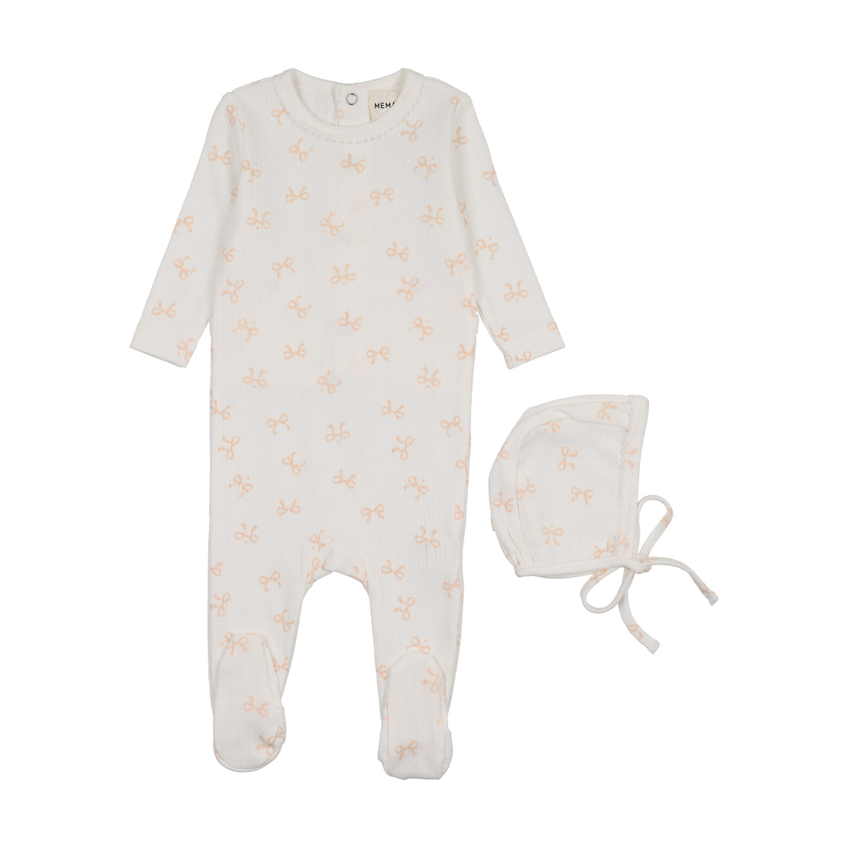 Mema Knits Bow Print Pointelle Footie & Bonnet - WW/Rose smoke