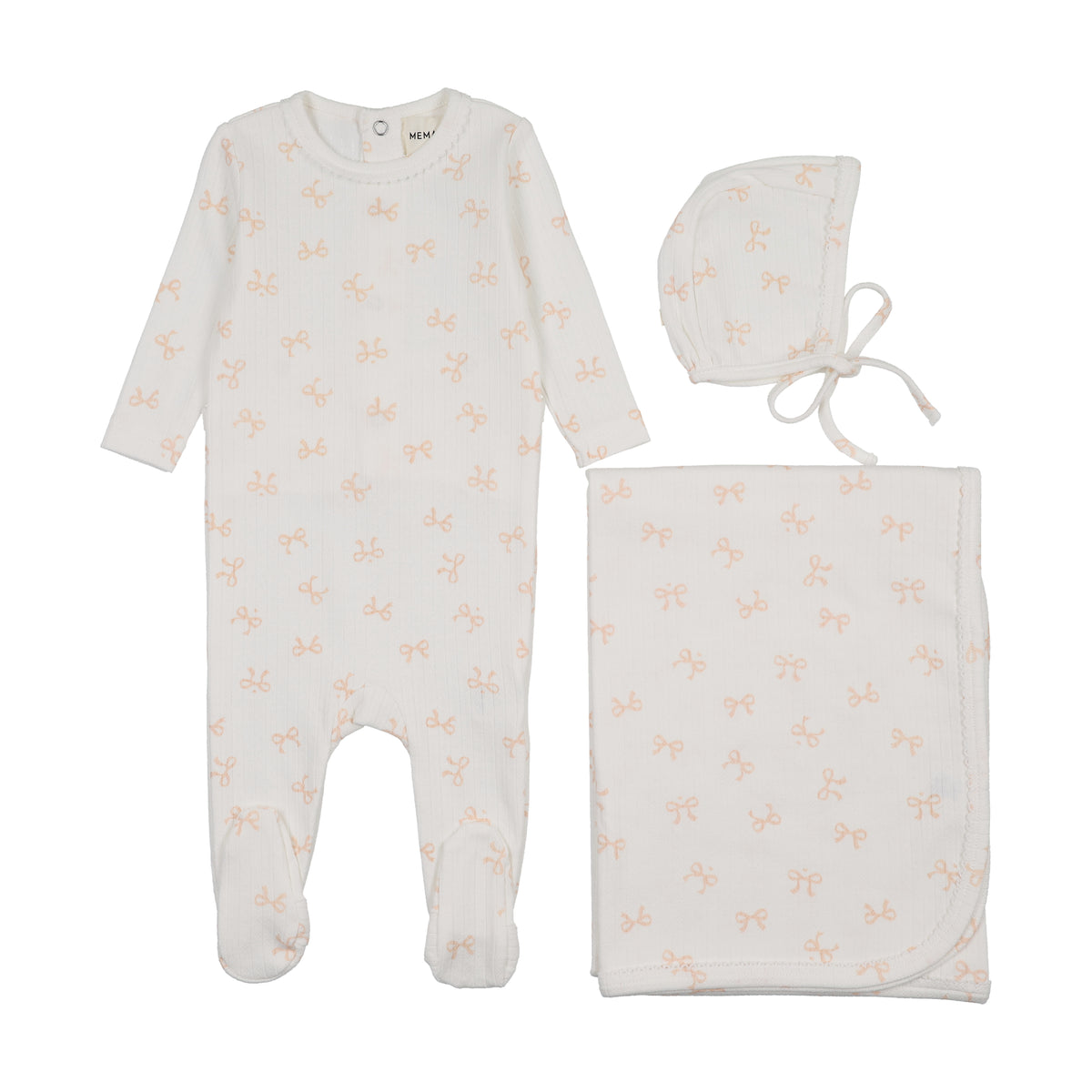 Mema Knits Bow Print Pointelle Layette Set - WW/Rose smoke