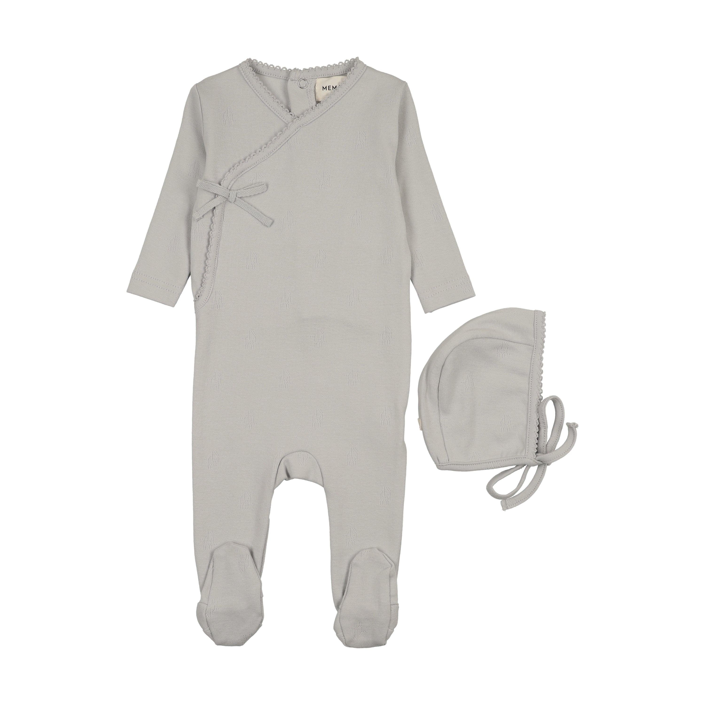Mema knits Pointelle Footie & Bonnet SS26- Gray Dawn