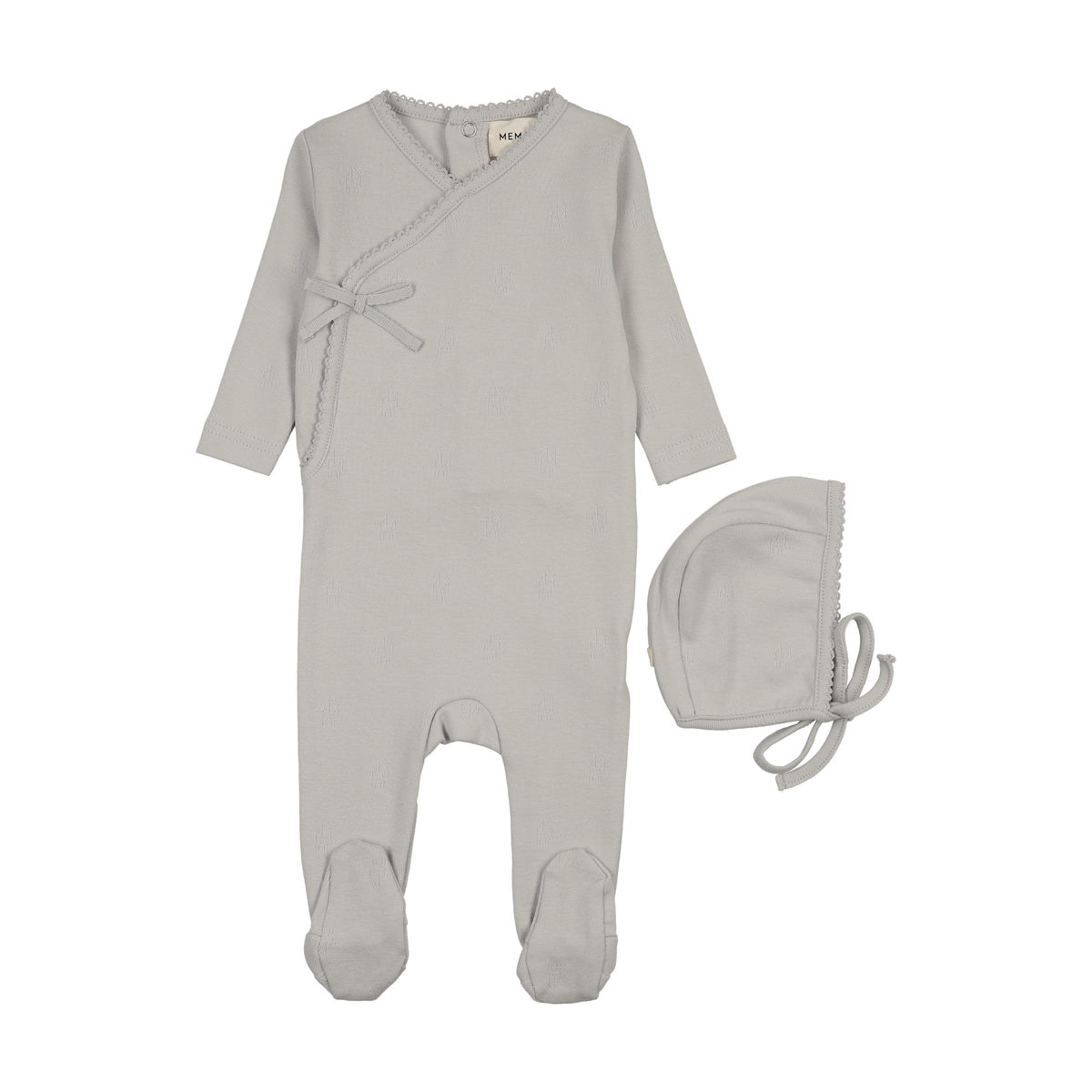 Mema knits Pointelle Footie & Bonnet SS26- Gray Dawn