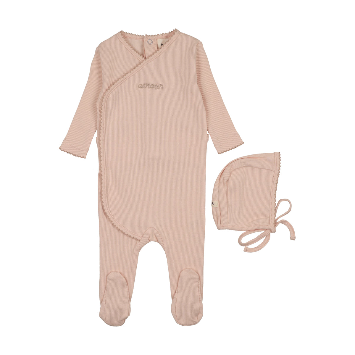 Mema Knits Amour Embroidered Footie & Bonnet - Rose/Pale Pink