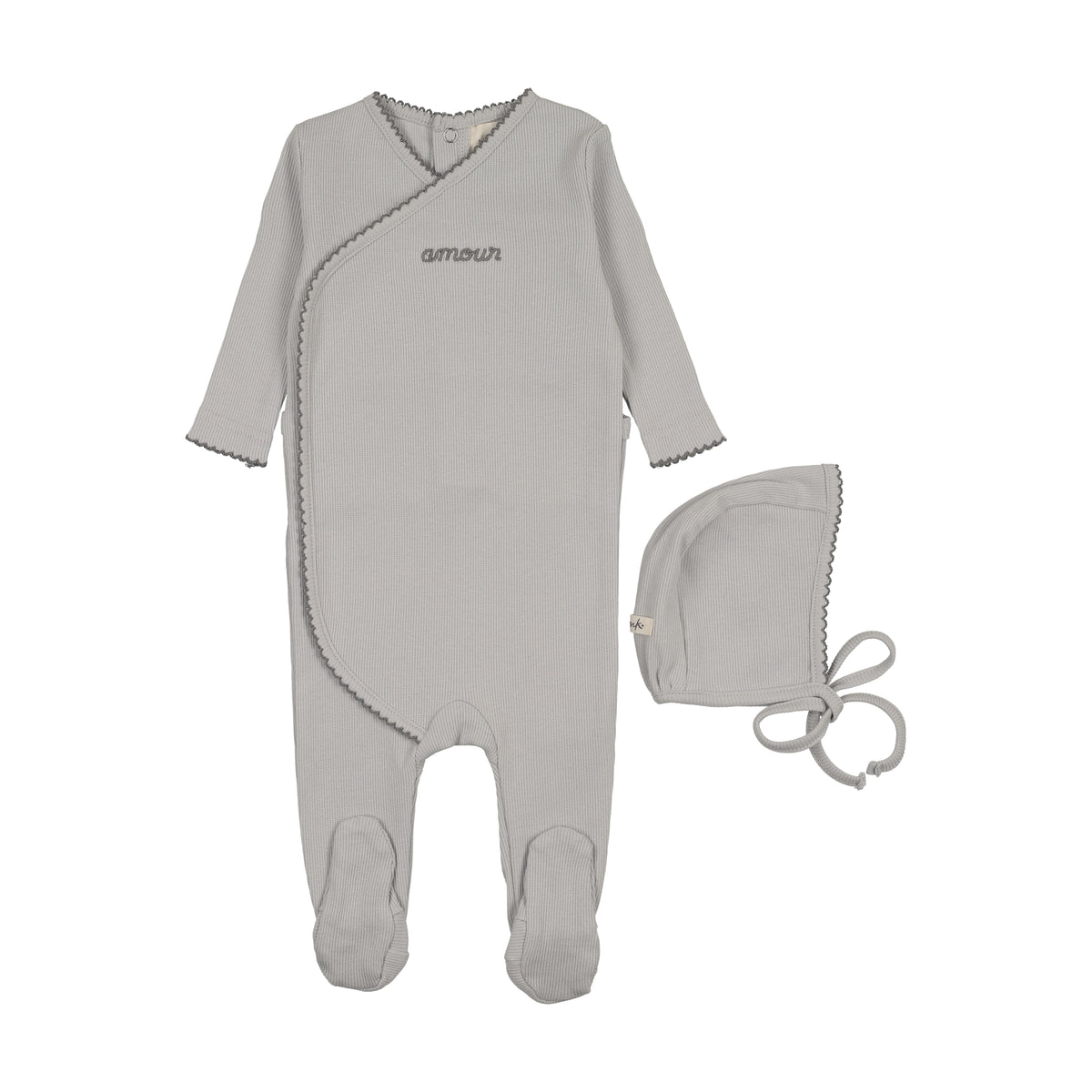 Mema Knits Amour Embroidered Footie & Bonnet - Gray Dawn/Blue