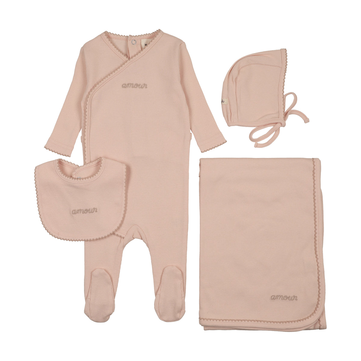 Mema Knits Amour Embroidered Layette Set - Rose/Pale Pink