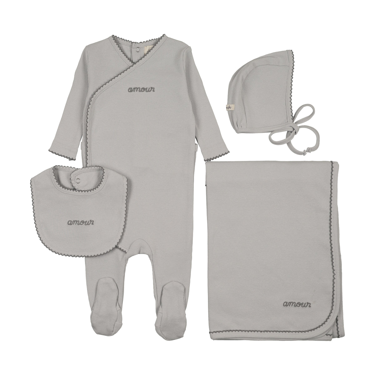 Mema Knits Amour Embroidered Layette Set - Gray Dawn/Blue