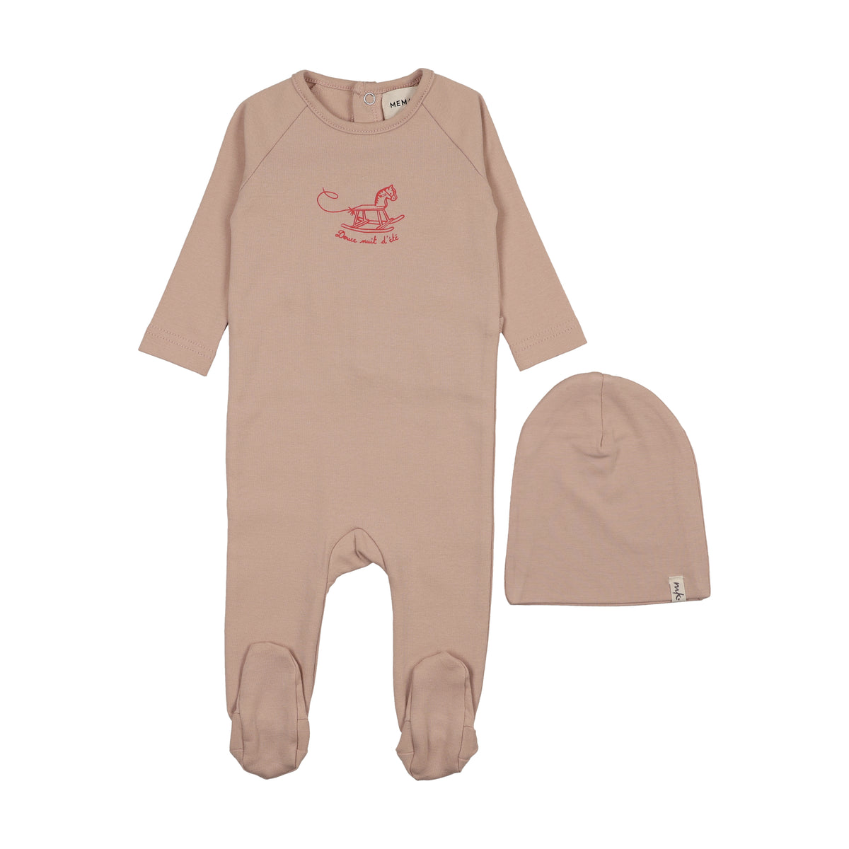 Mema Knits Horse Rocker Footie & Beanie- Pale Pink