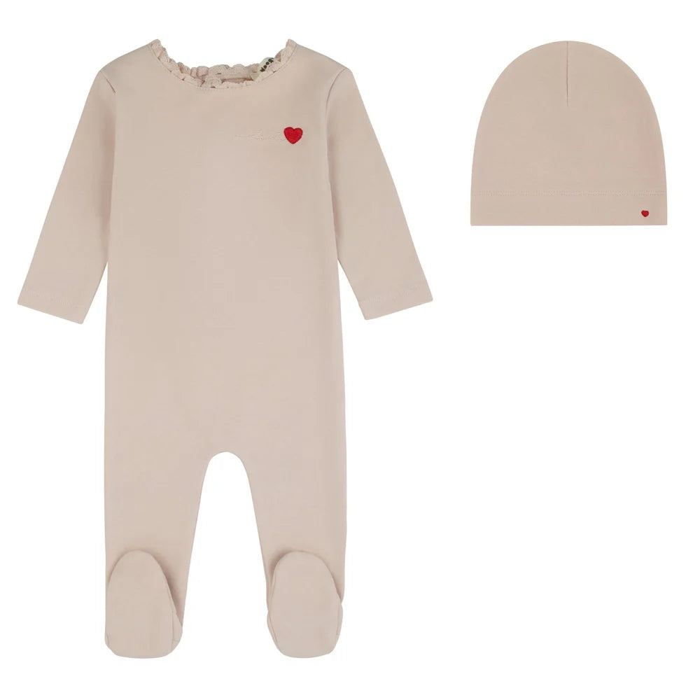Noggi Bebe Heart Footie & Beanie - Pink