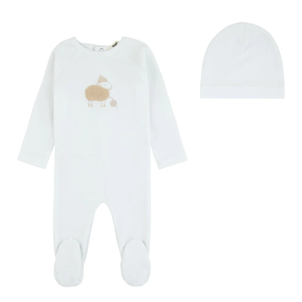 Noggi Fuzzy Sheep Footie & Beanie - Ivory/Tan