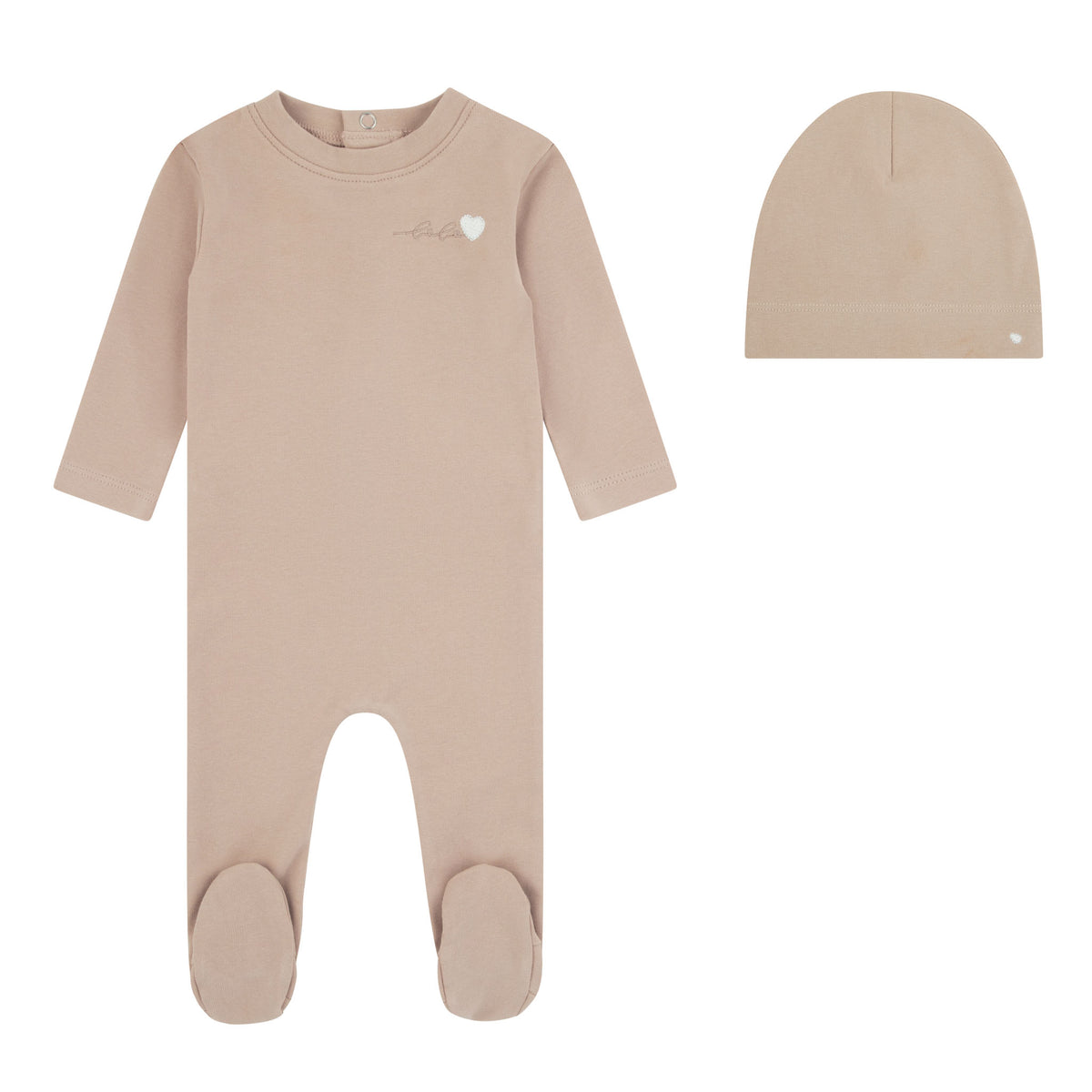 Noggi Bebe Heart Footie & Beanie - Tan