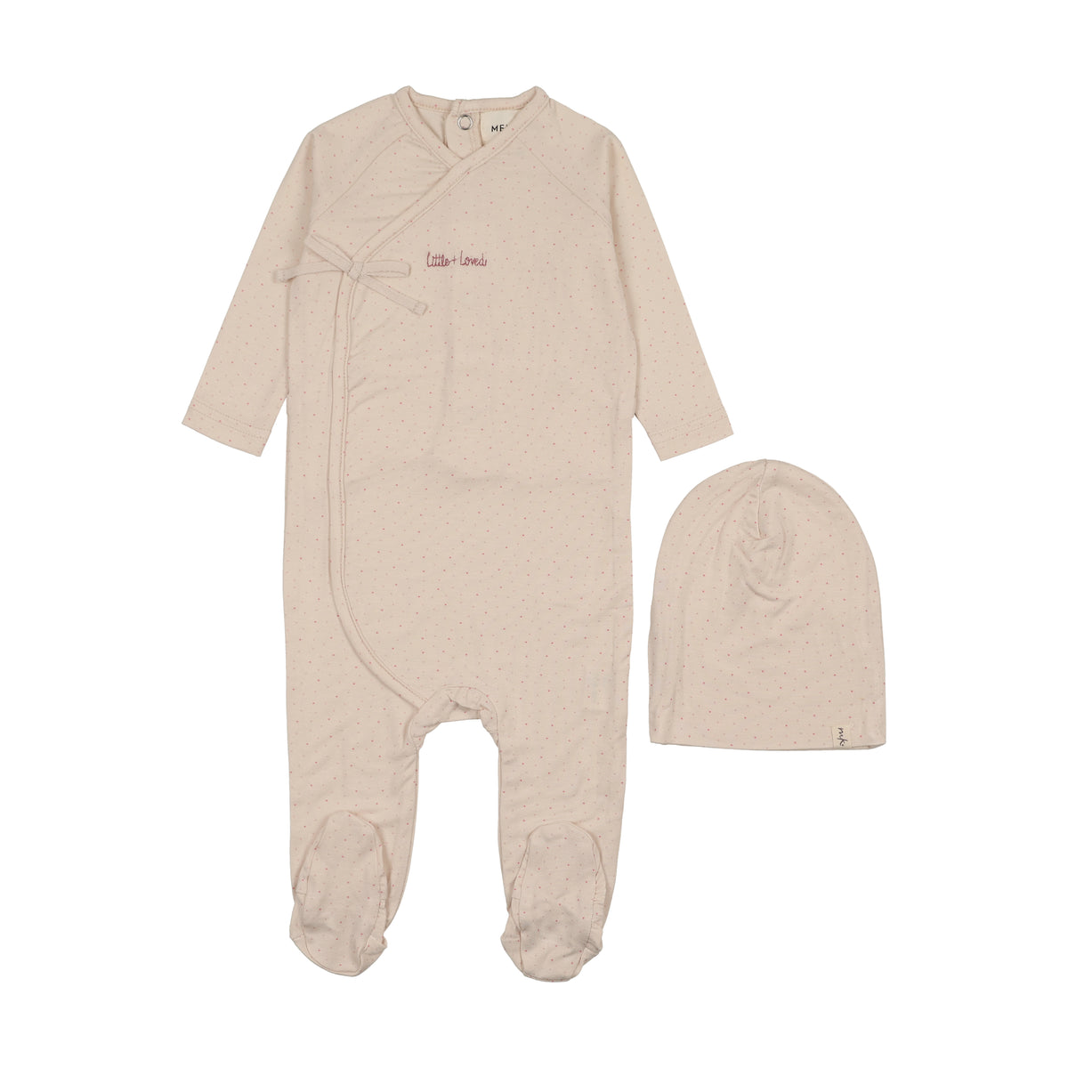 Mema Knits Mock Wrap Polka Dot Footie & Beanie - Pink