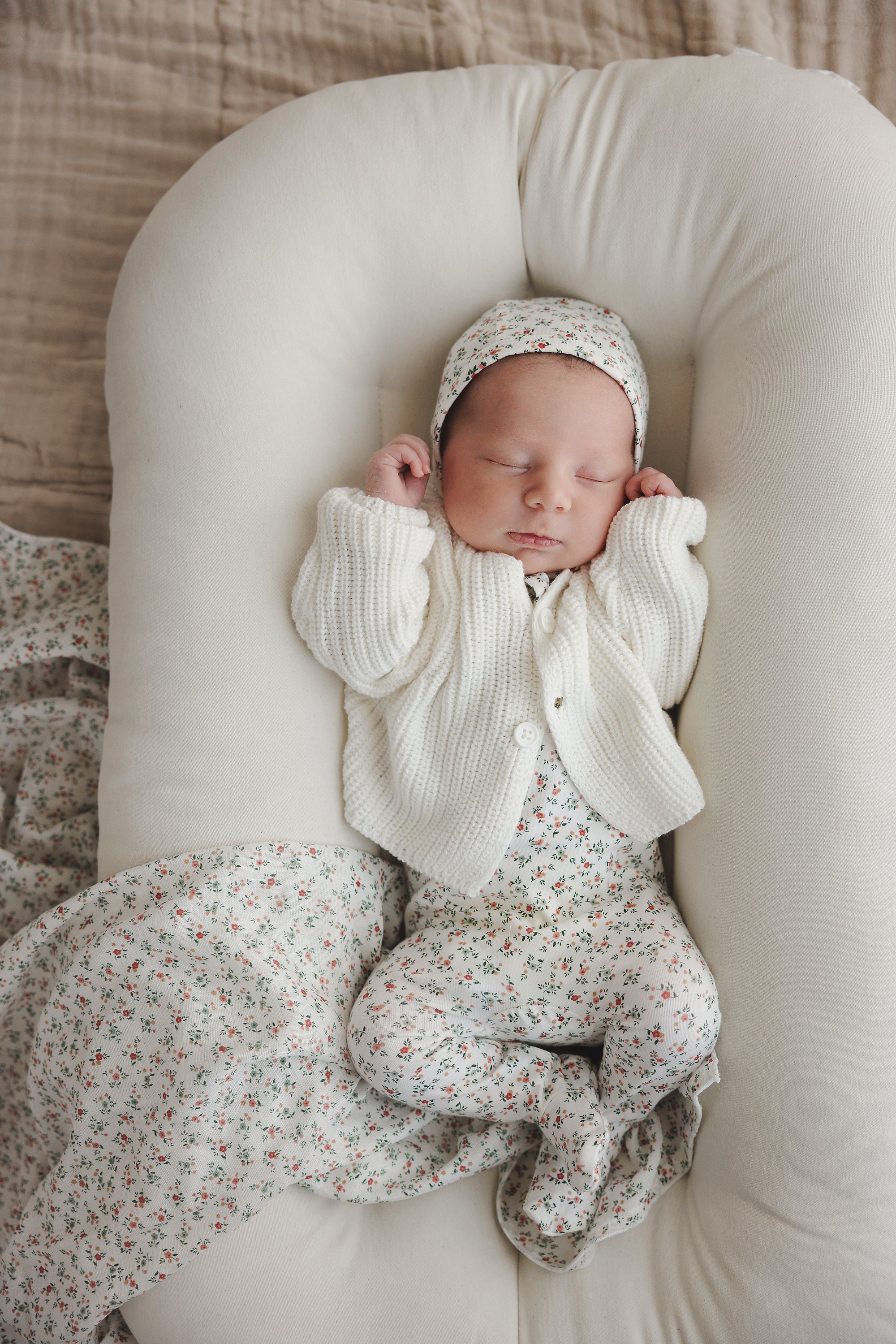Lilette Dainty Floral Footie & Beanie - Winter White Floral Lilette Dainty Floral Footie & Beanie - Winter White Floral