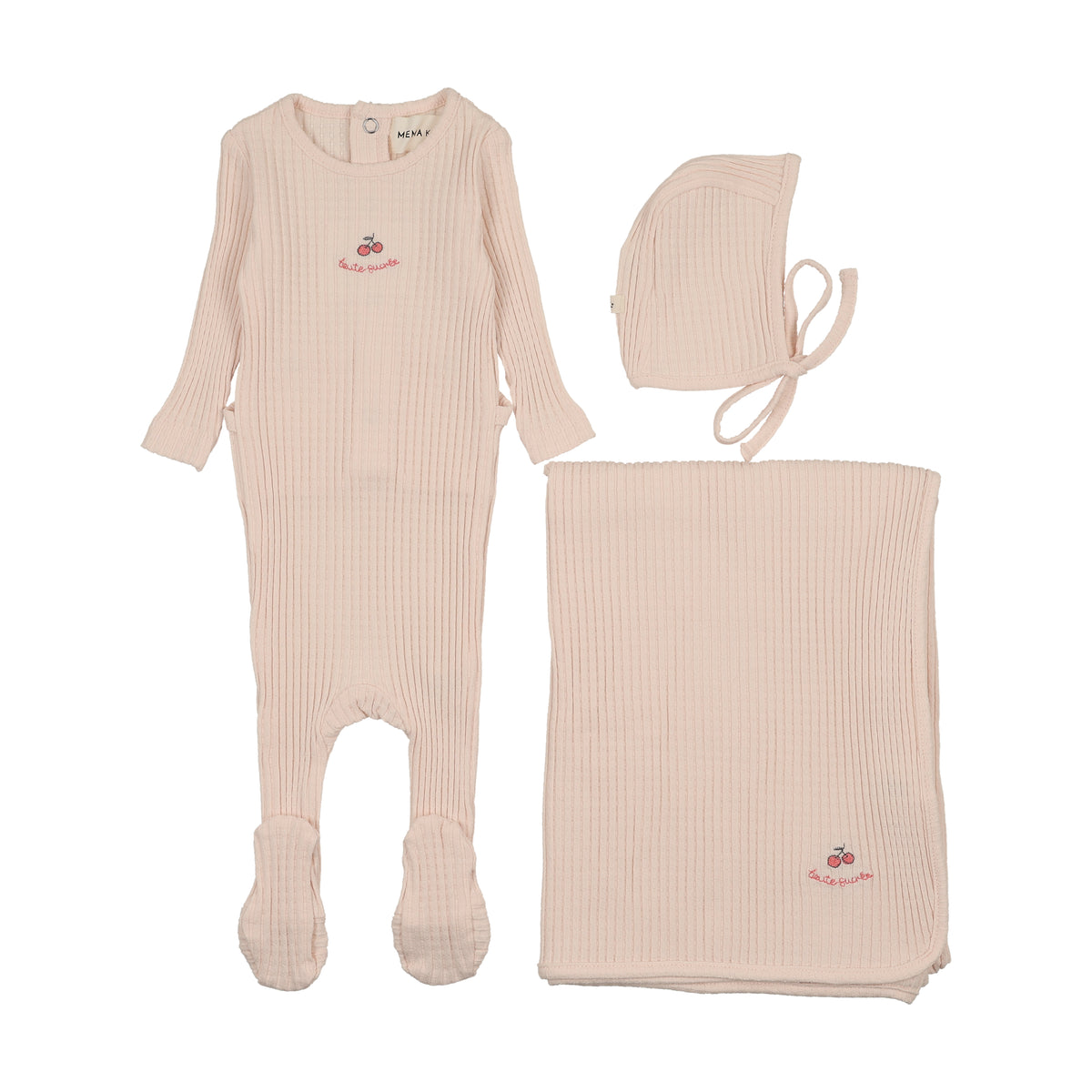 Mema Knits Embroidered Textured Layette Set - Pink/Rose