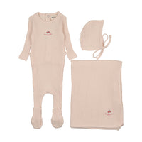 Mema Knits Embroidered Textured Layette Set - Pink/Rose