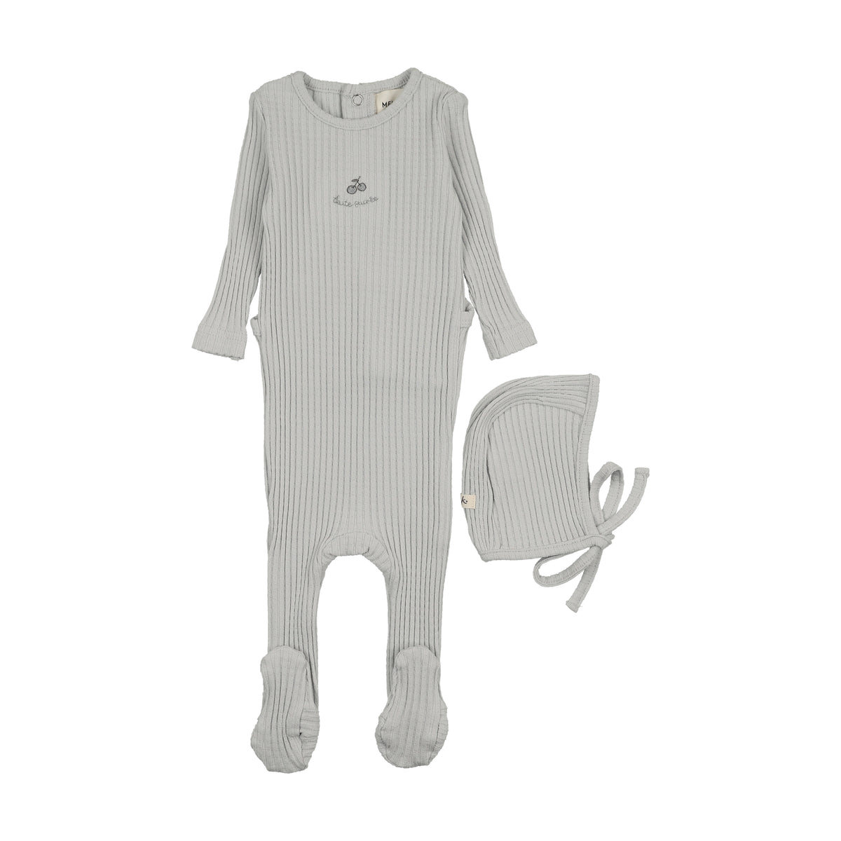 Mema Knits Embroidered Textured Footie & Hat - Gray Dawn/Blue