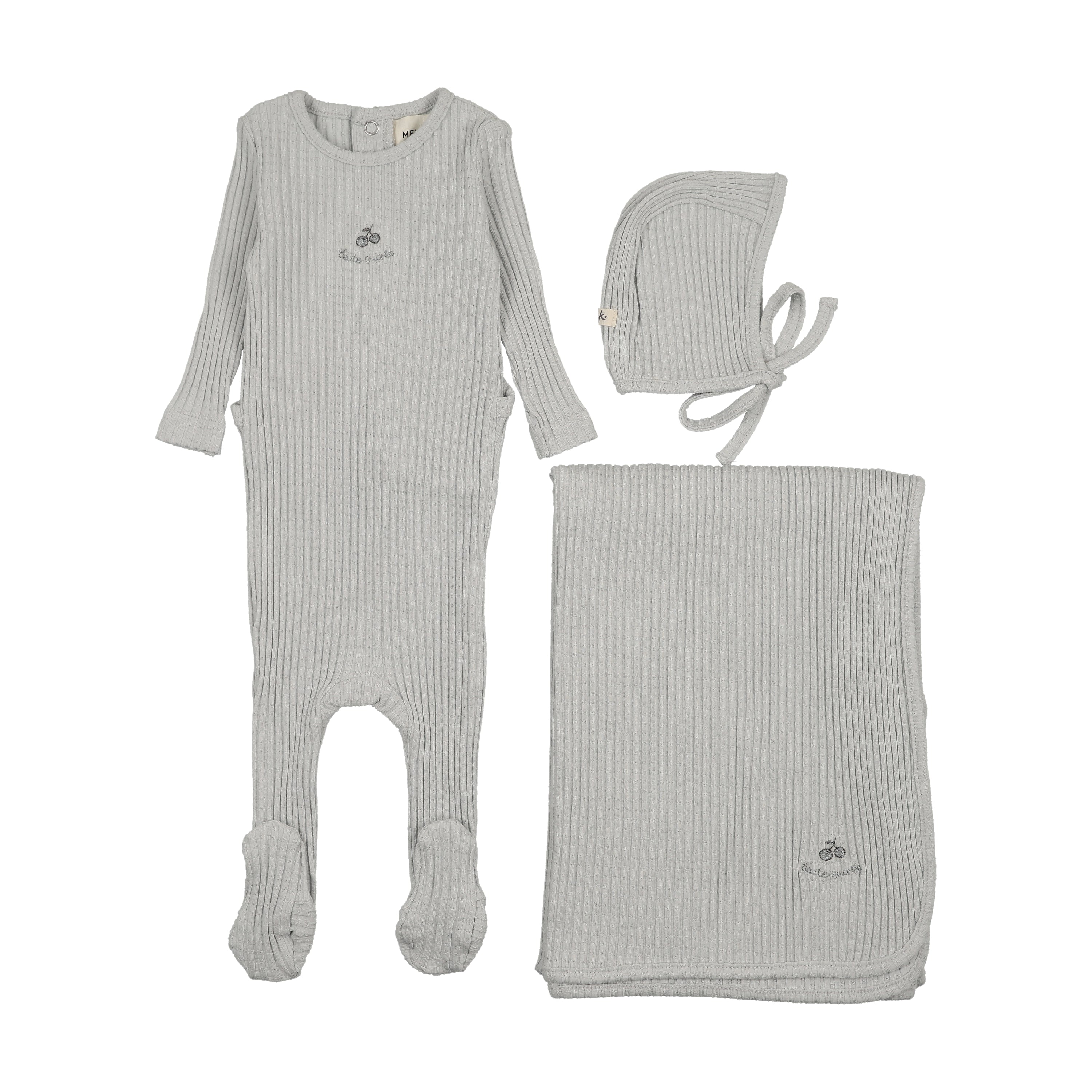 Mema Knits Embroidered Textured Layette Set - Gray Dawn/Blue