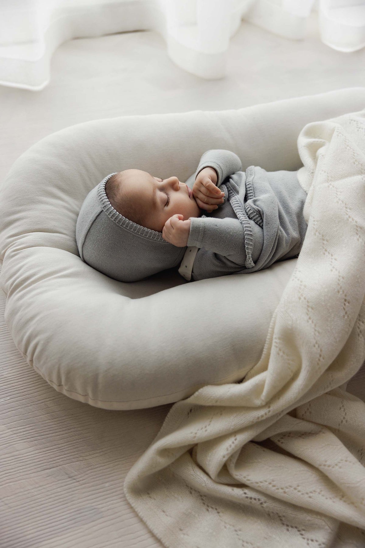 Lilette Embroidered Knit Collar Footie & Hat - Light Blue