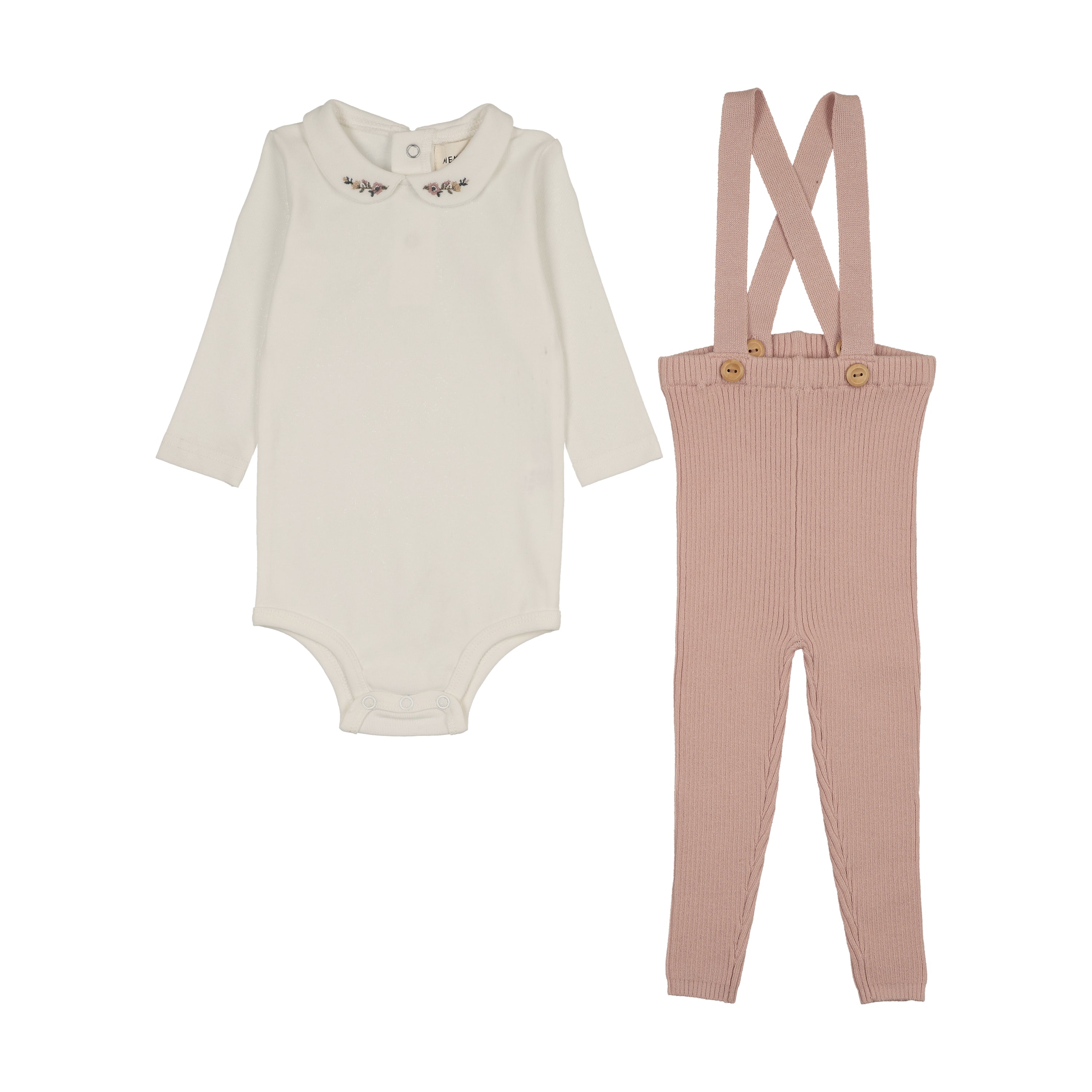 Mema Knits Overall & Collared Onesie -WW/Pale Pink