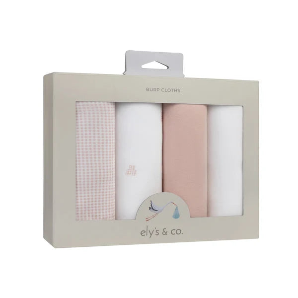 Ely's & Co Gingham Bear 4 Pack Burp Cloth- Pink