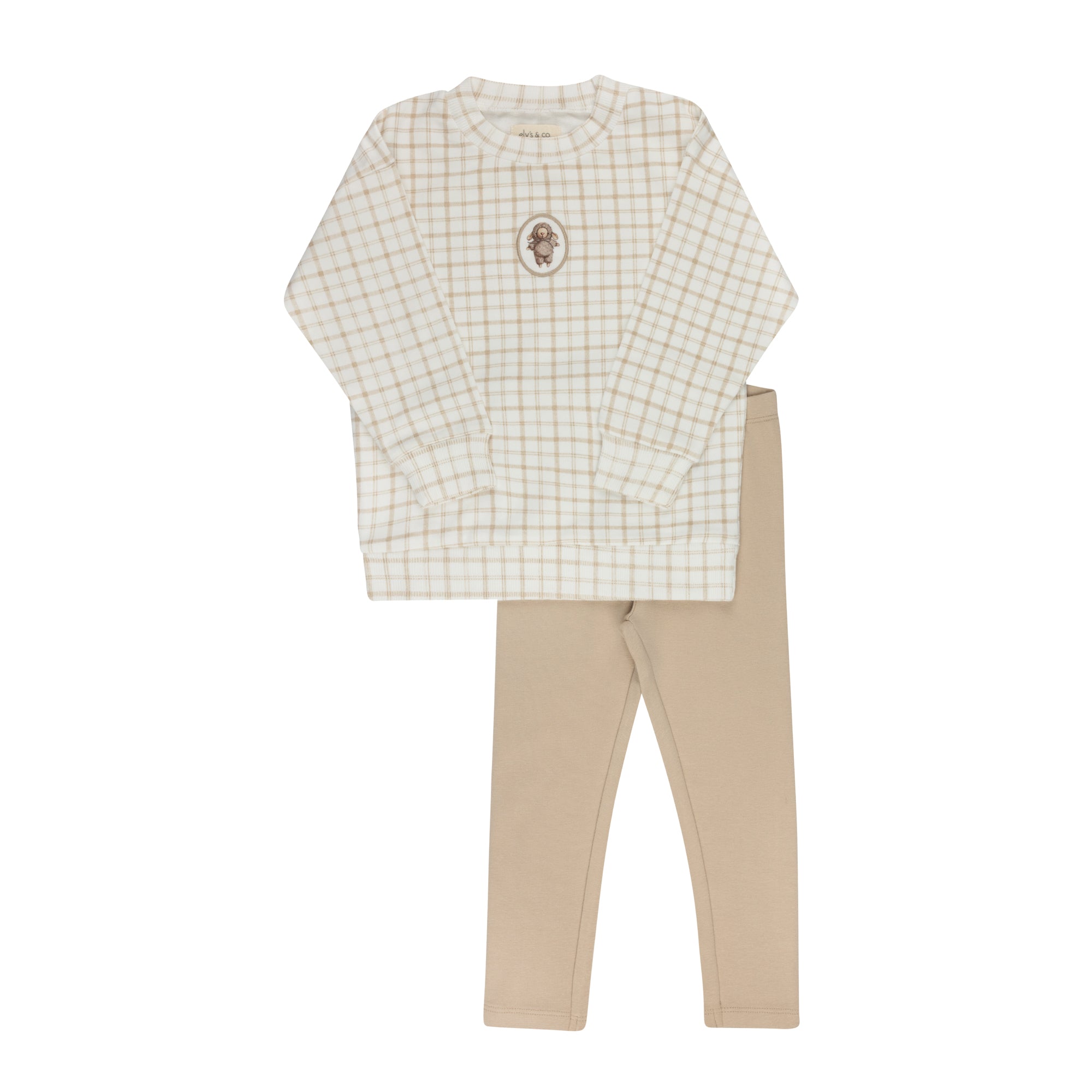 Elys & Co Plaid Sheep Top & Pants Set - Beige