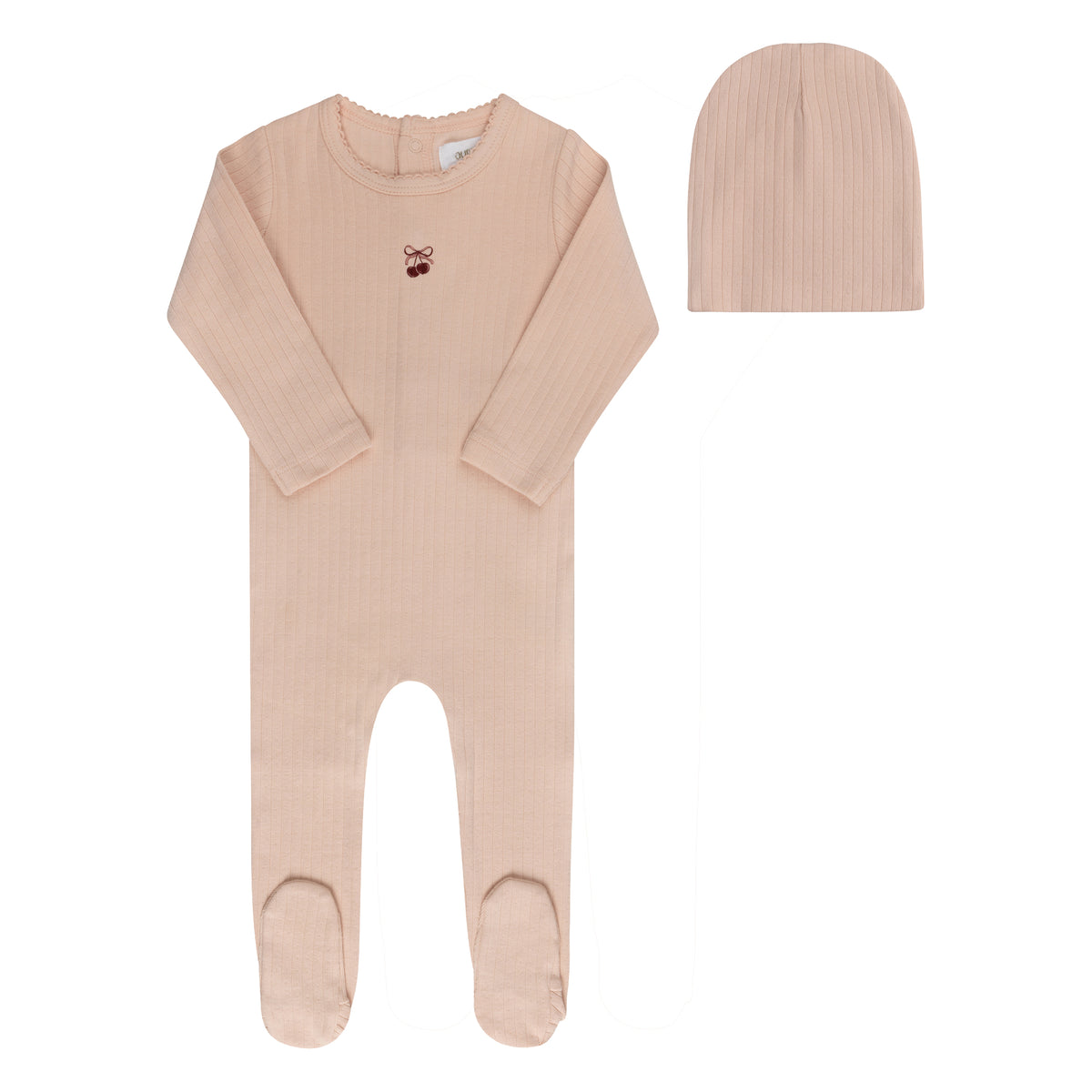 Aurora Pointelle Bow Print Footie & Beanie - Pink/Red