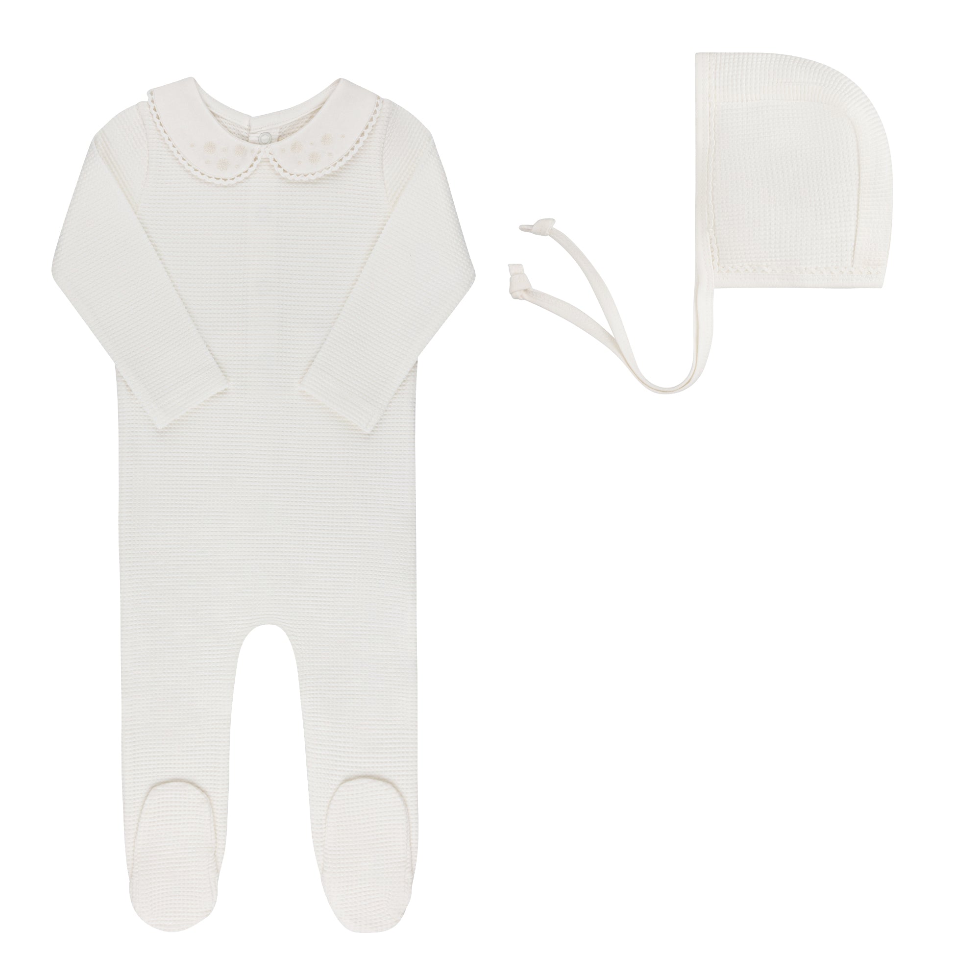 Elys & Co Embroidered Collar Footie & Bonnet Aw25 - Ivory Girl