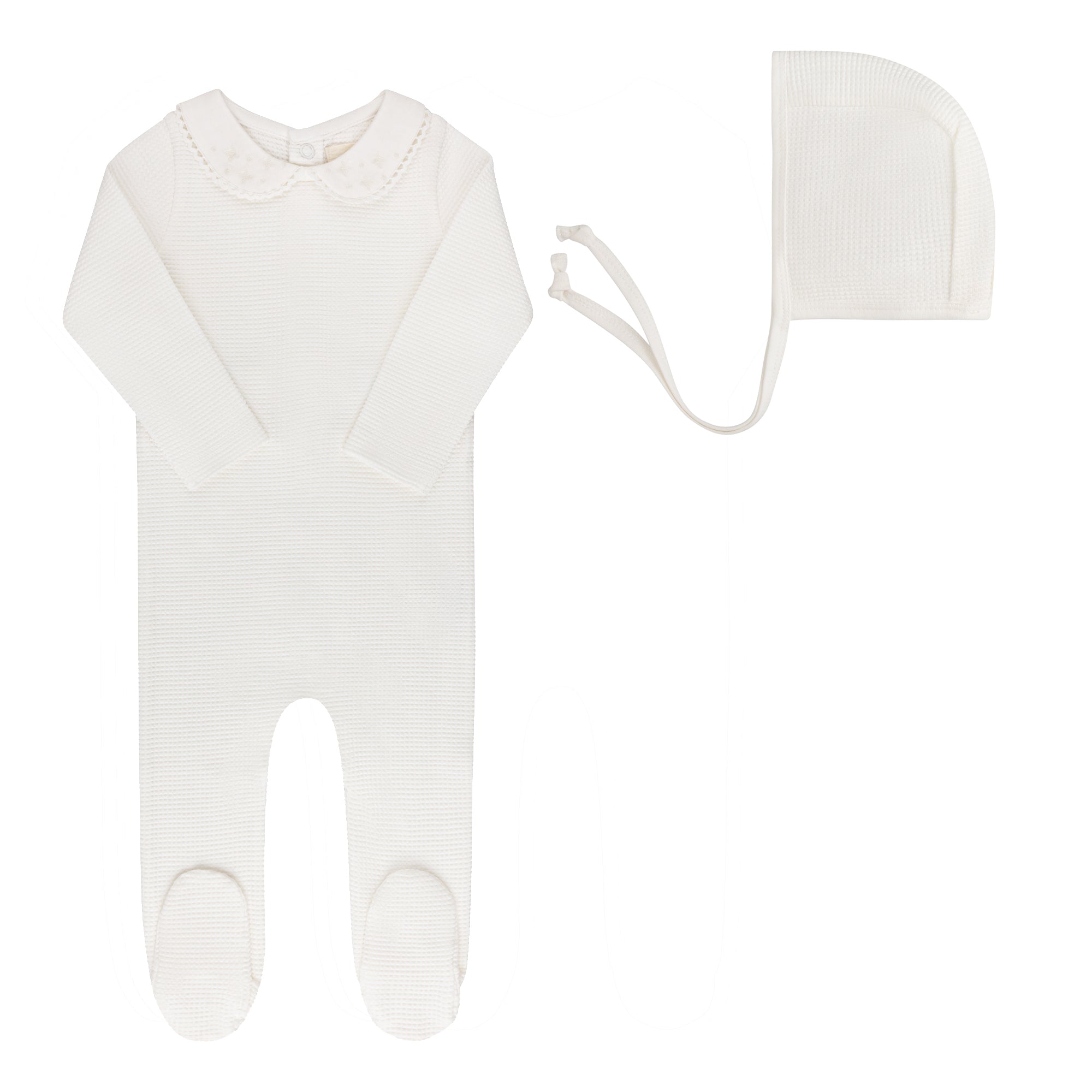 Elys & Co Embroidered Collar Footie & Bonnet Aw25 - Ivory Boy