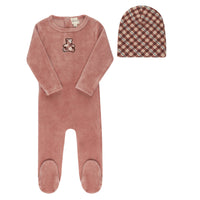 Elys & Co Velour Plaid Bear Footie & Beanie - Pink