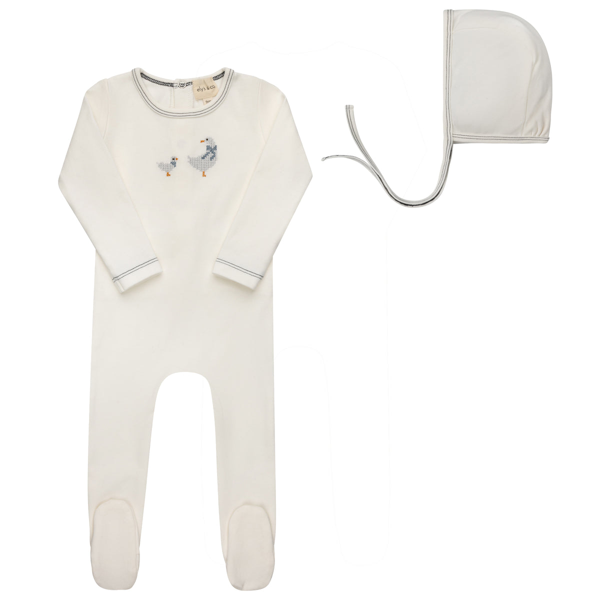 Elys & Co Cross Stitch Duckling Footie & Bonnet - Ivory Blue