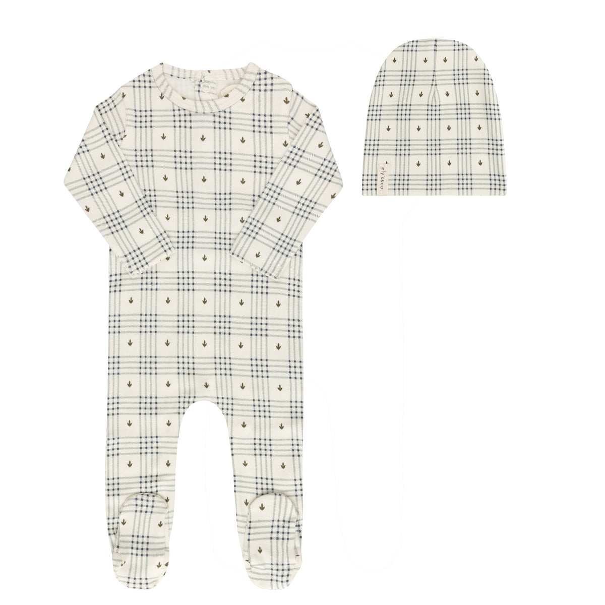 Elys & Co Floral Plaid Footie & Beanie - Ivory Blue