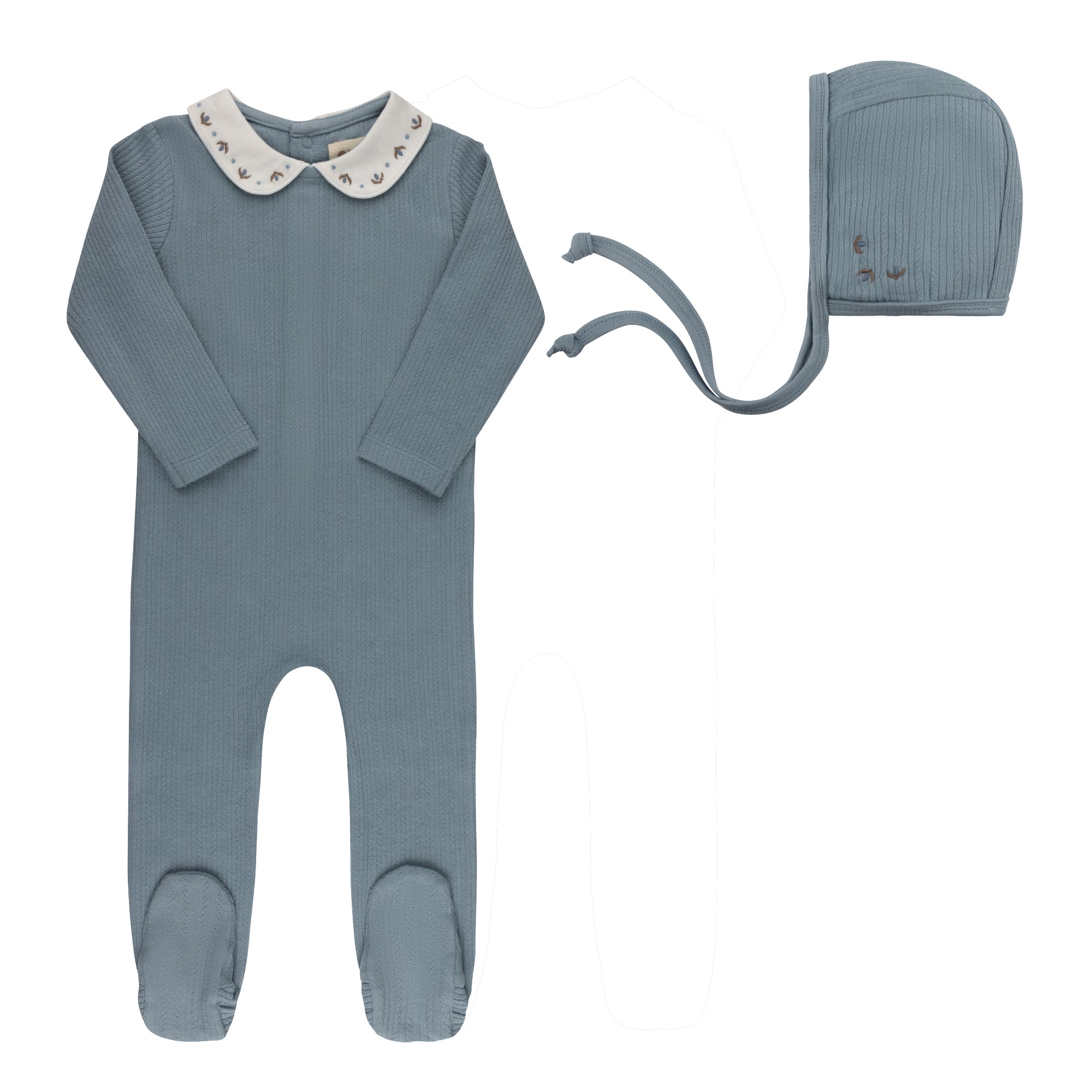 Looms Embroidered Trim Footie & Bonnet -Blue
