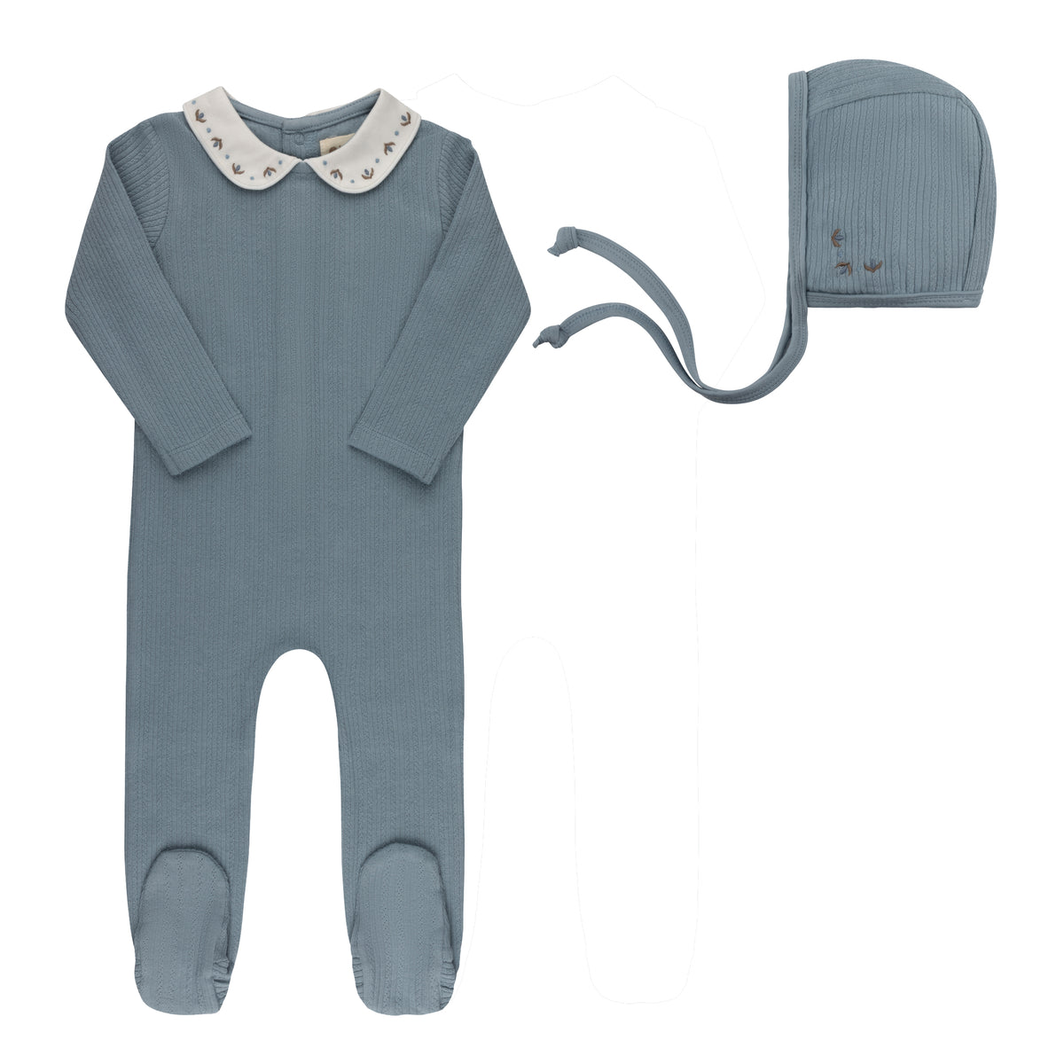 Looms Embroidered Trim Footie & Bonnet -Blue