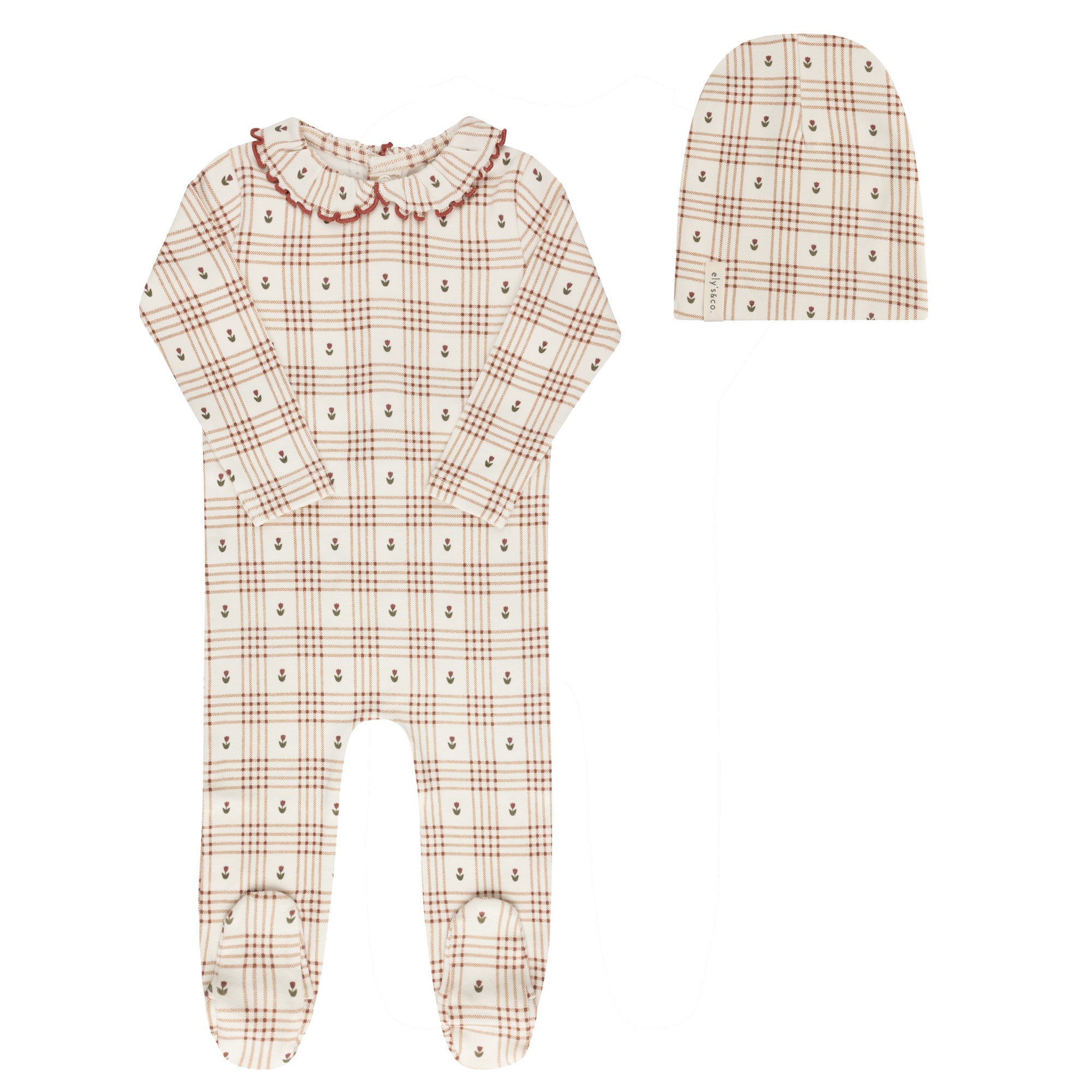 Elys & Co Floral Plaid Footie & Beanie - Ivory Pink