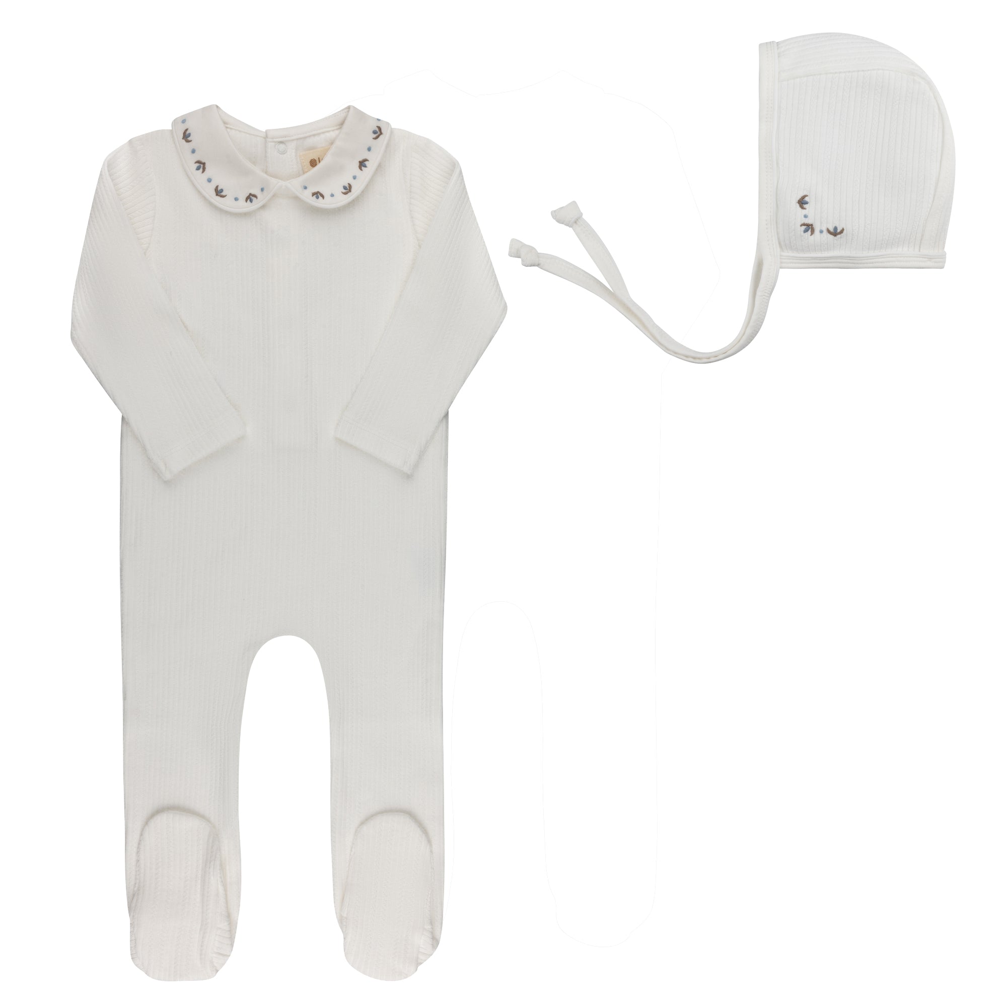 Looms Embroidered Trim Footie & Bonnet - Ivory/Blue