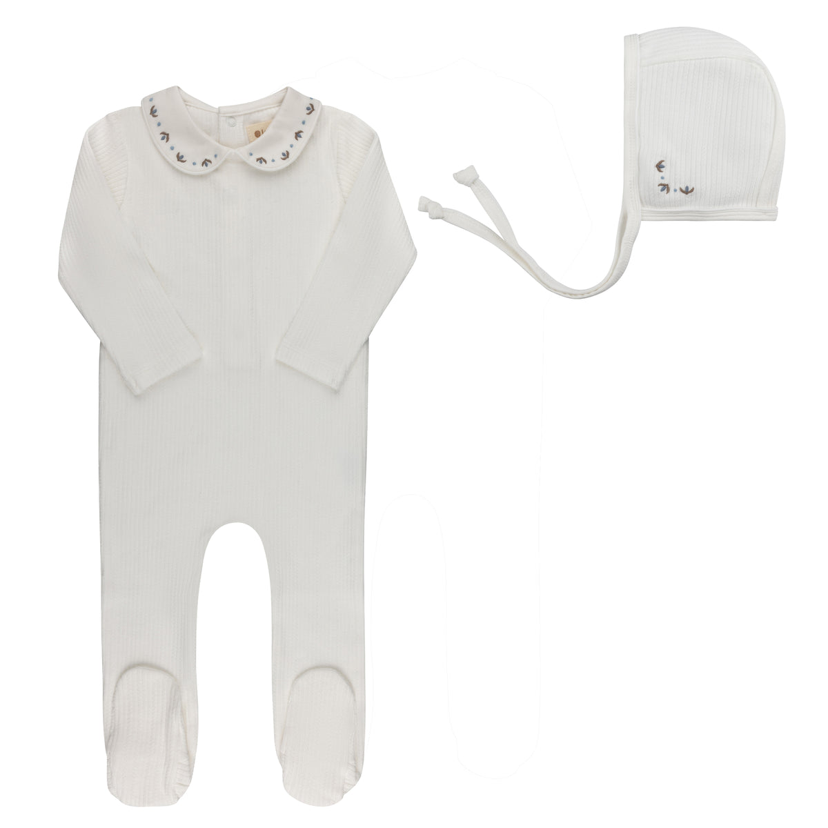 Looms Embroidered Trim Footie & Bonnet - Ivory/Blue